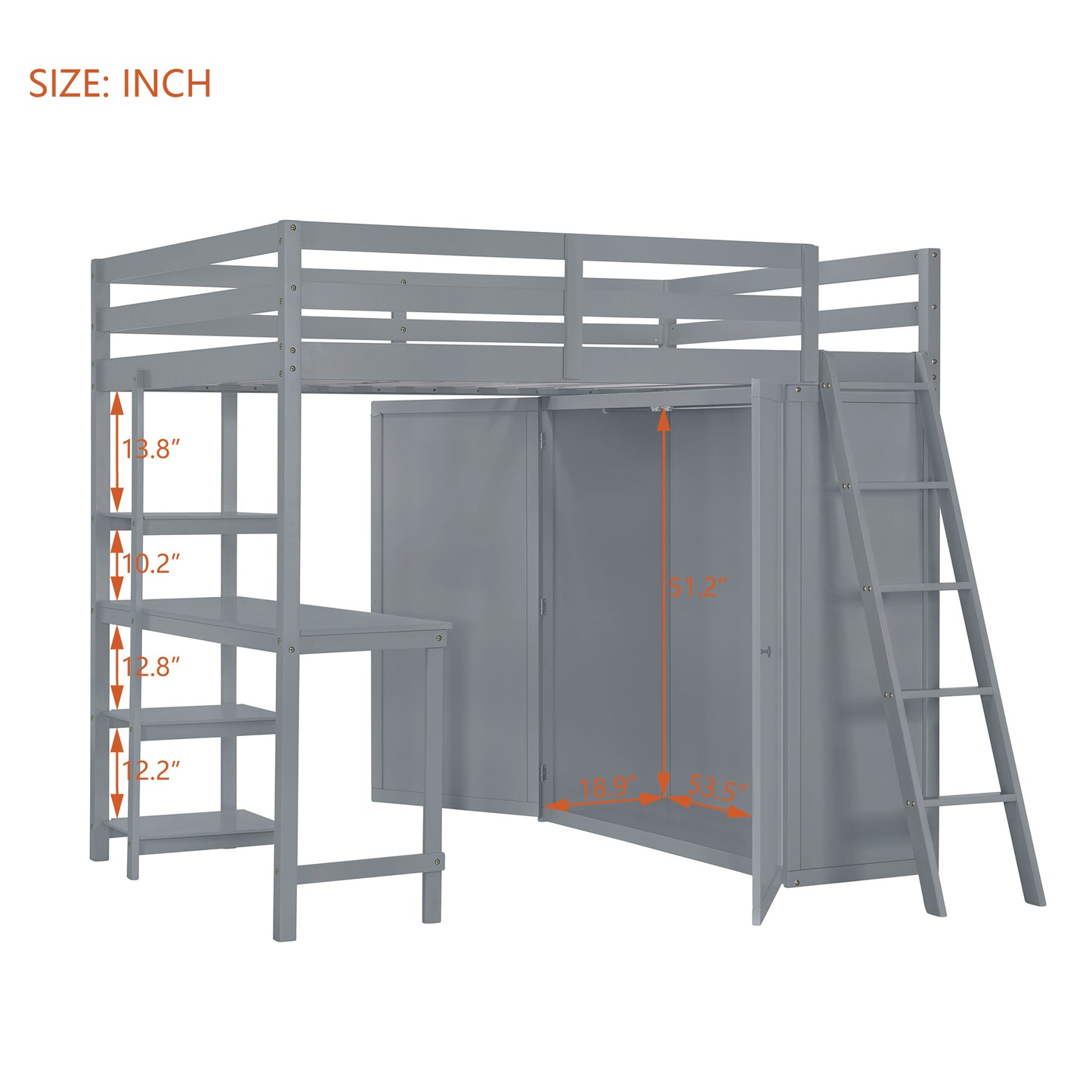 Gray wooden loft bed with integrated desk and closet