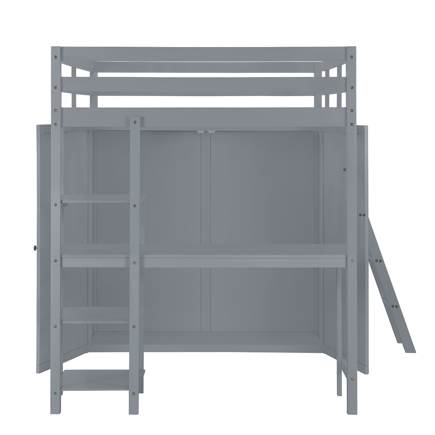 Gray wooden loft bed with integrated desk and shelves