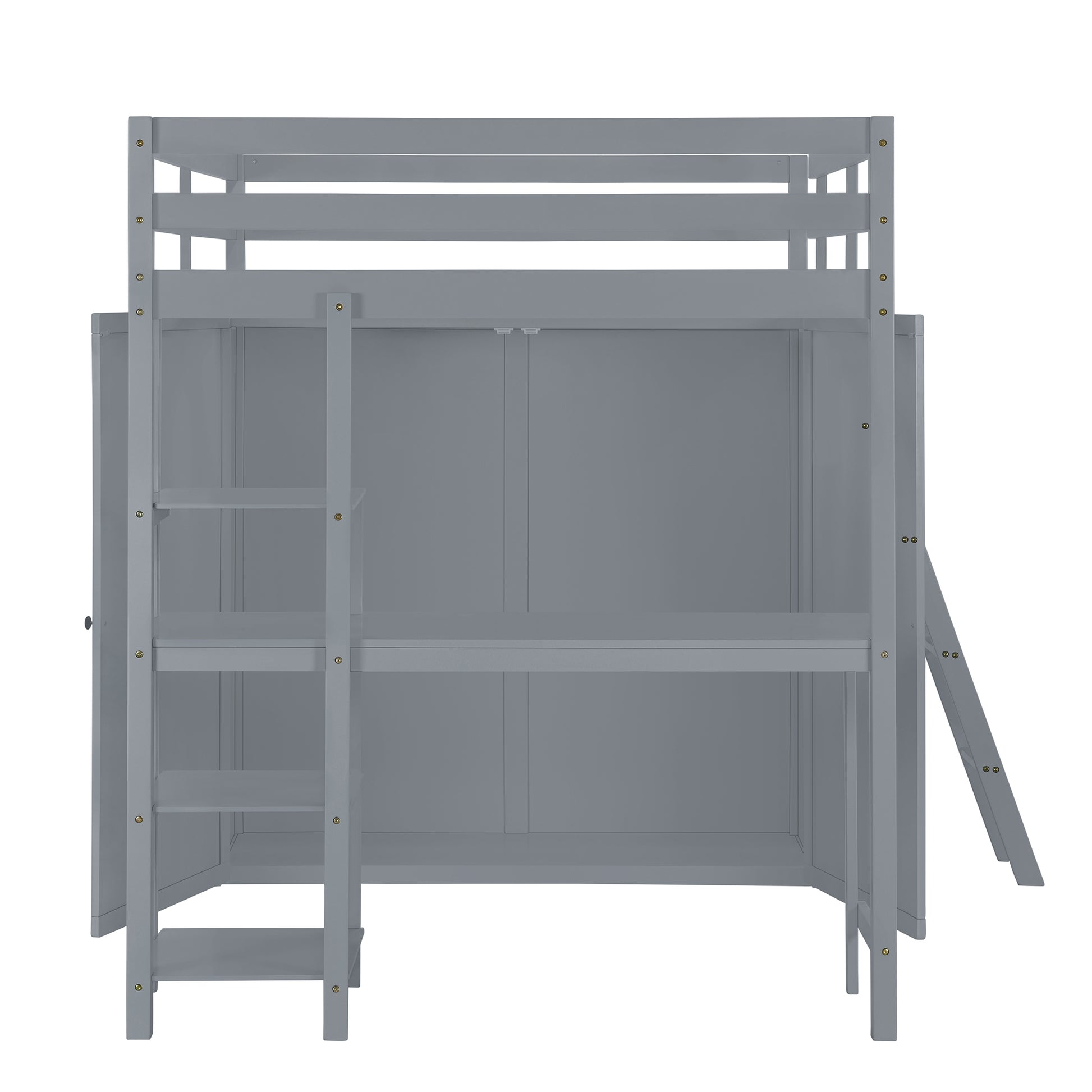 Gray wooden loft bed with integrated desk and shelves