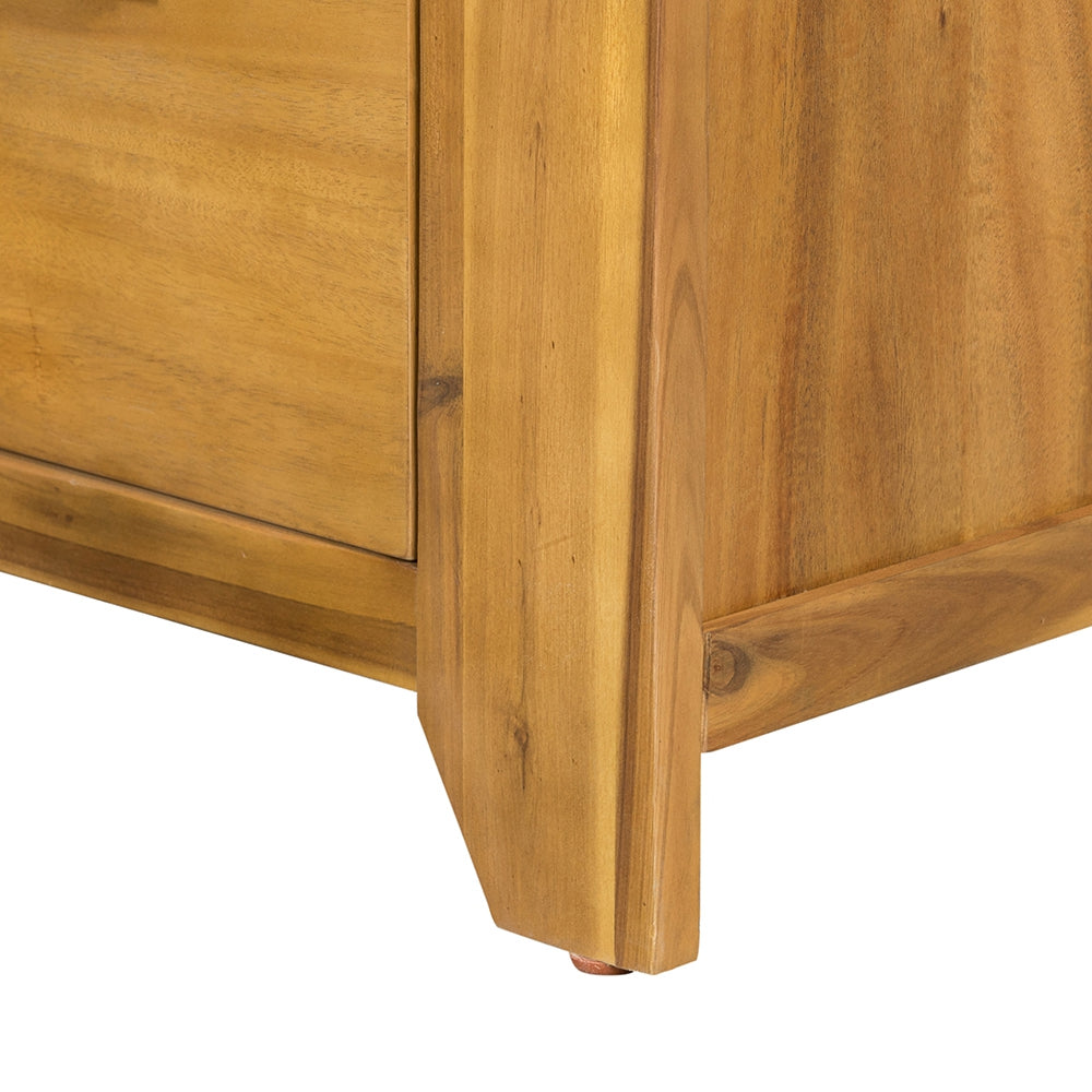 Closeup of a solid acacia wood table leg with angled design