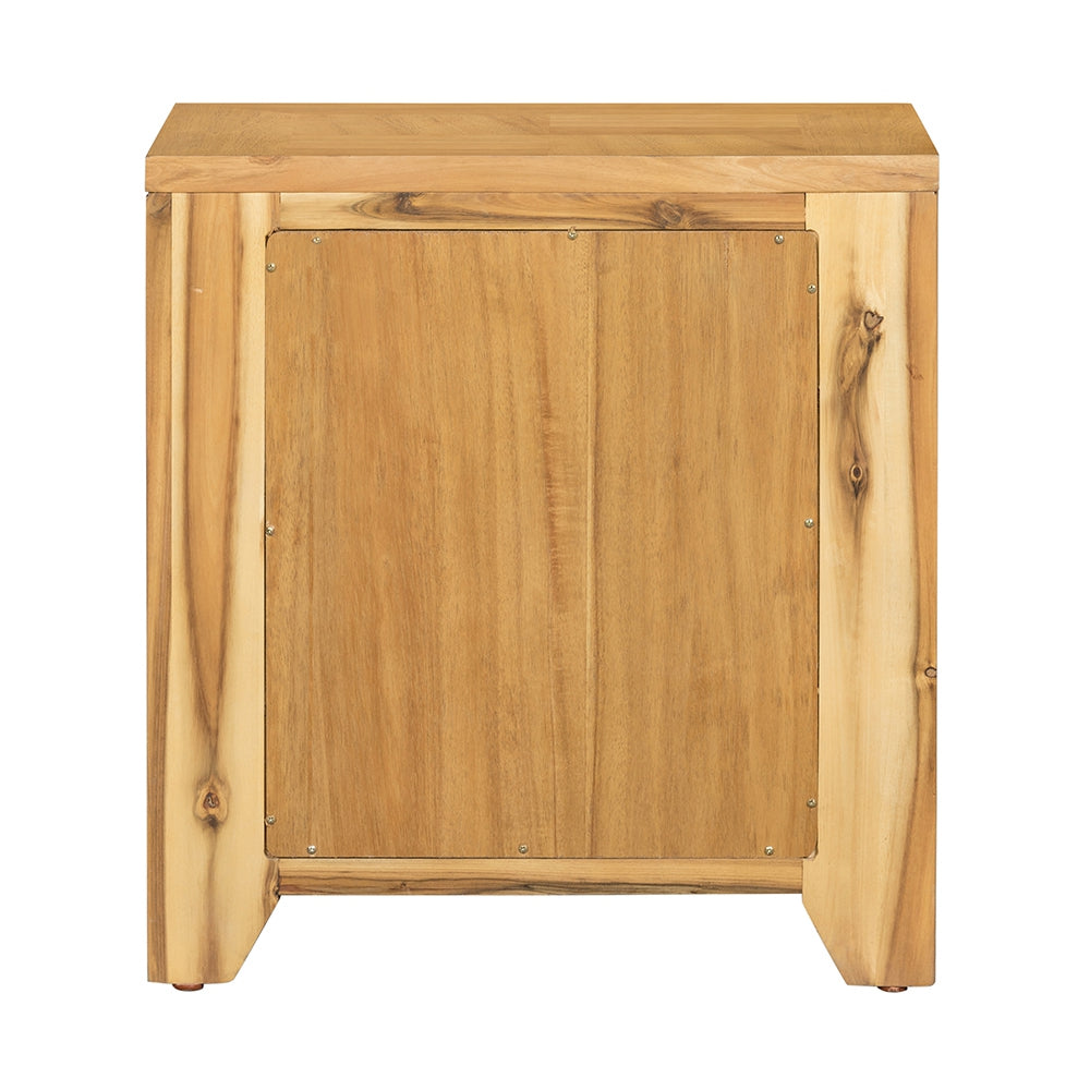 Back panel of a solid wood bedside table in natural acacia showcasing grain patterns
