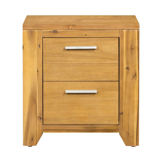 Solid wood nightstand with two drawers and silver handles