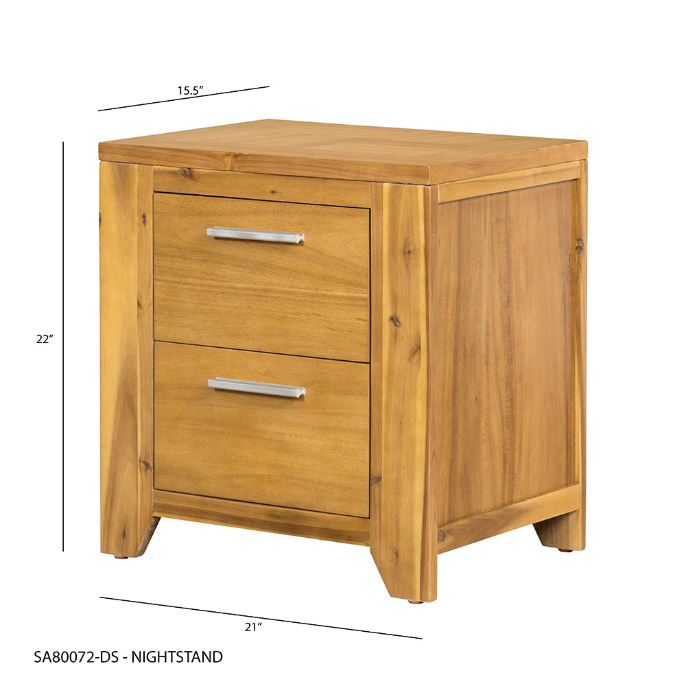 Natural wood nightstand with two drawers and silver handles