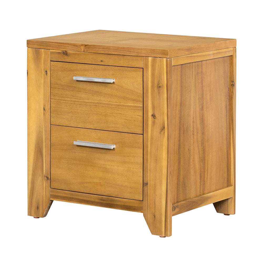 Natural wood nightstand with two silverhandled drawers