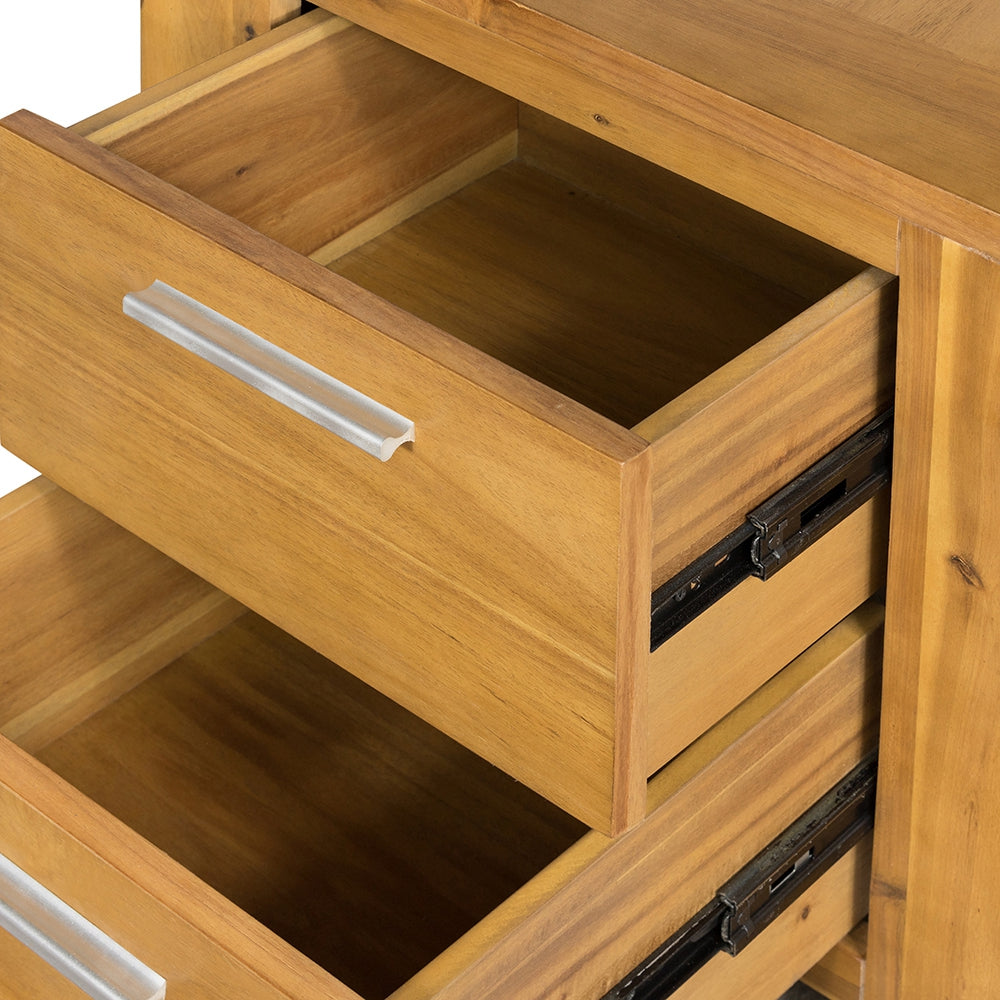 Wooden nightstand with open drawers and chrome pulls