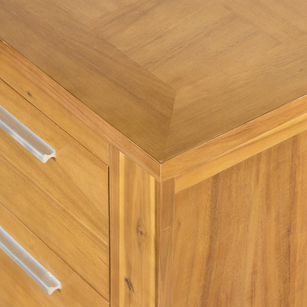 Golden oak wood dresser with geometric patterned top and silver bar pulls