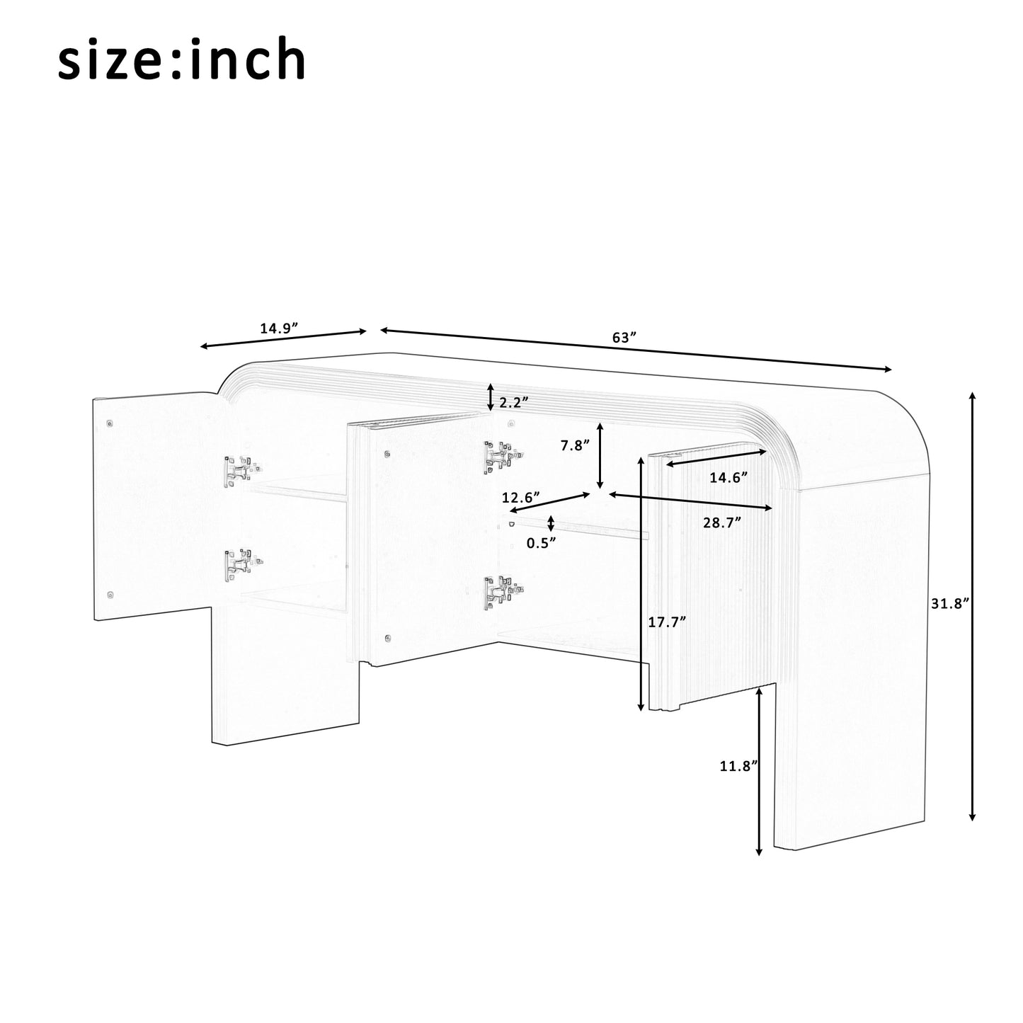 Line drawing of a white modern console table with dimensions labeled