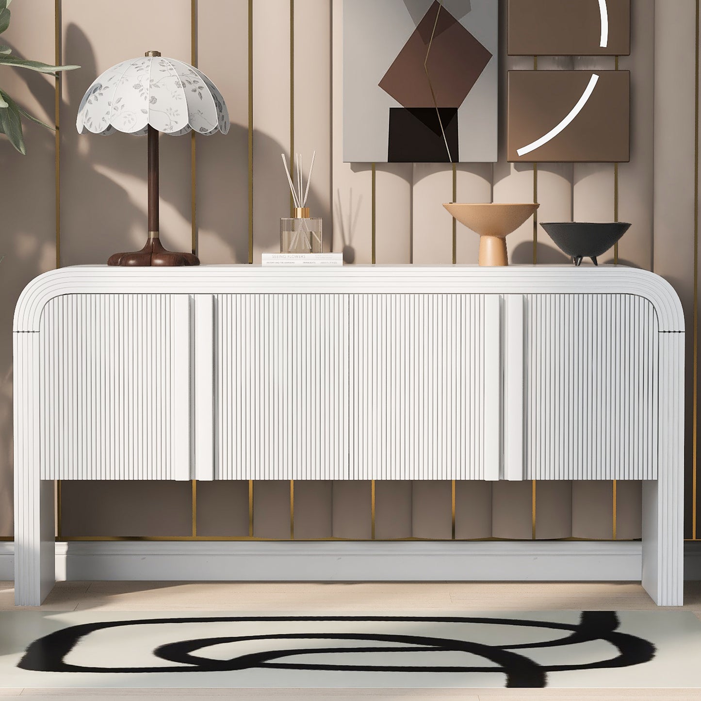 White fluted accent cabinet with rounded corners and gold accents