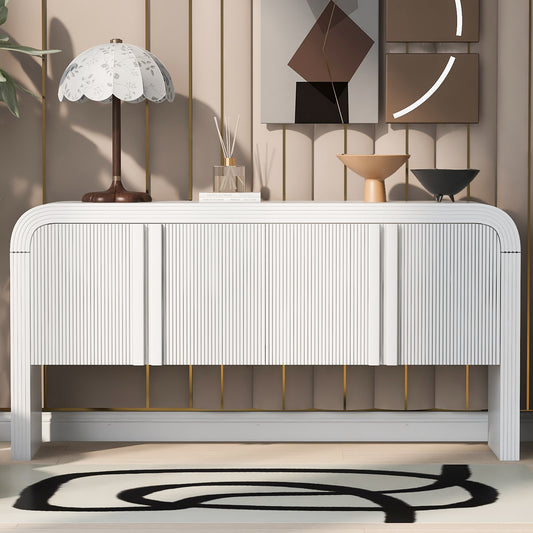 White fluted accent cabinet with rounded corners and gold accents