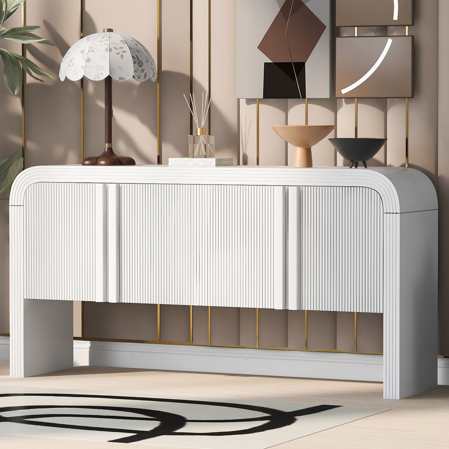 White fluted console table with modern rounded edges