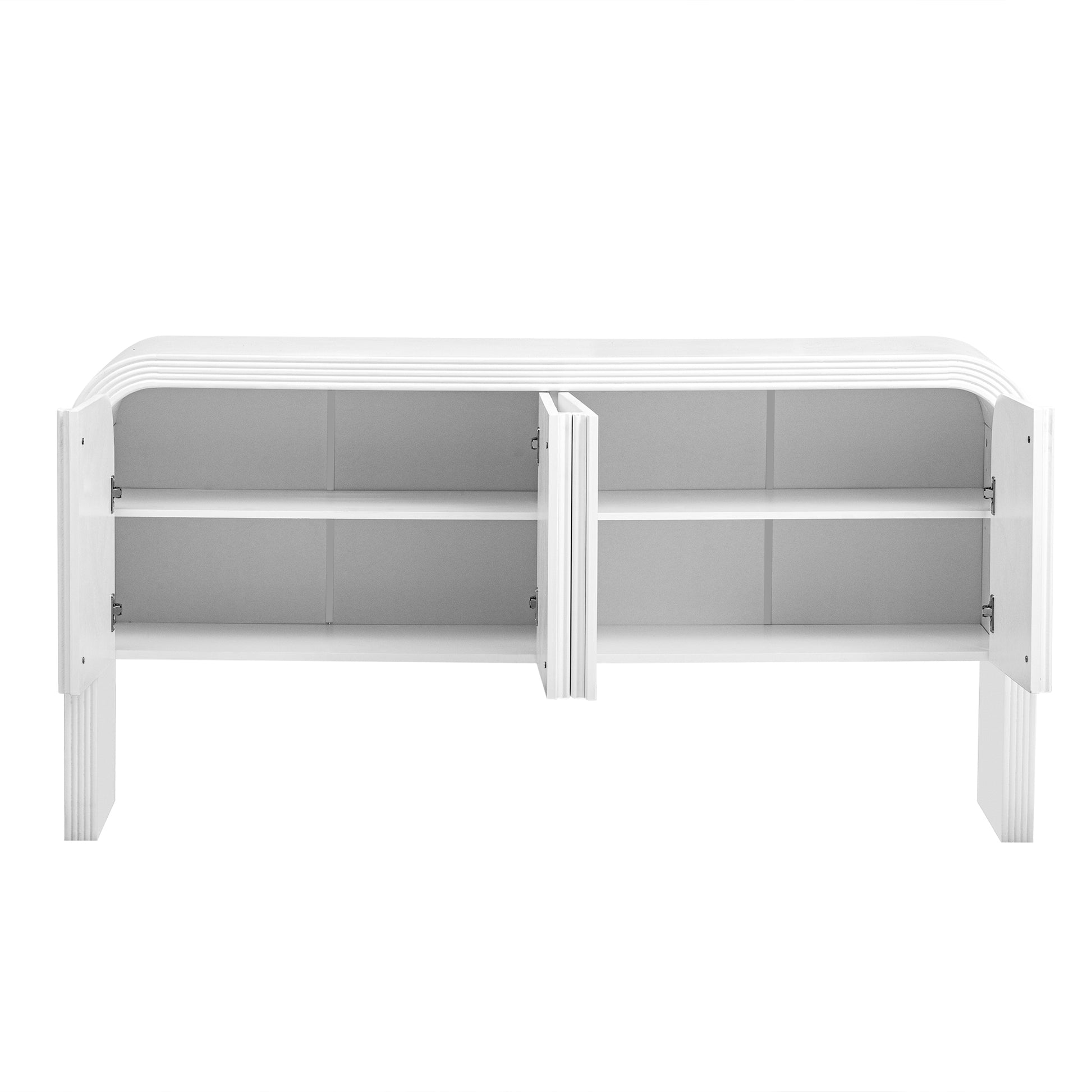 White contemporary sideboard with open doors showing shelving
