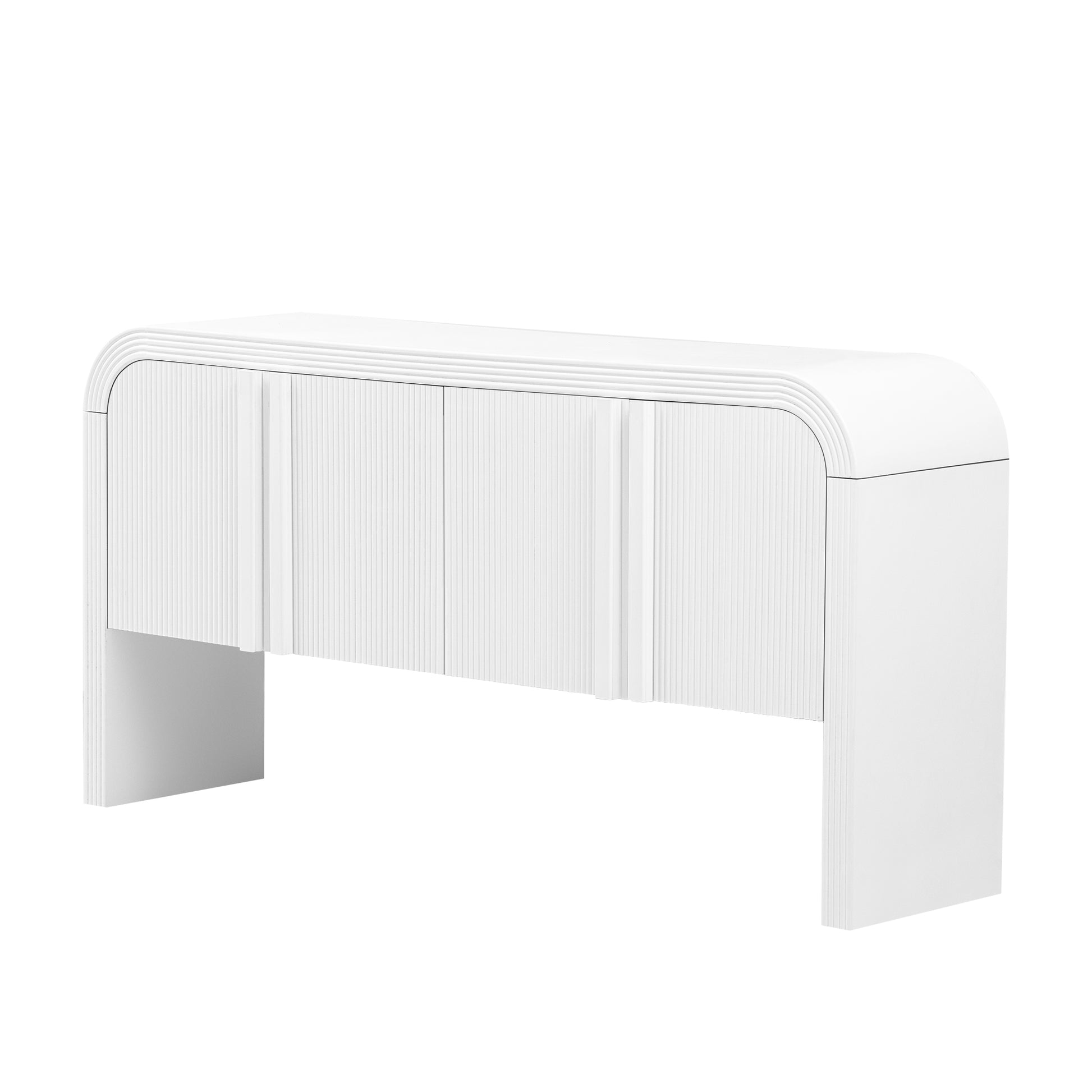 White fluted console table with rounded top and slatted cabinet doors
