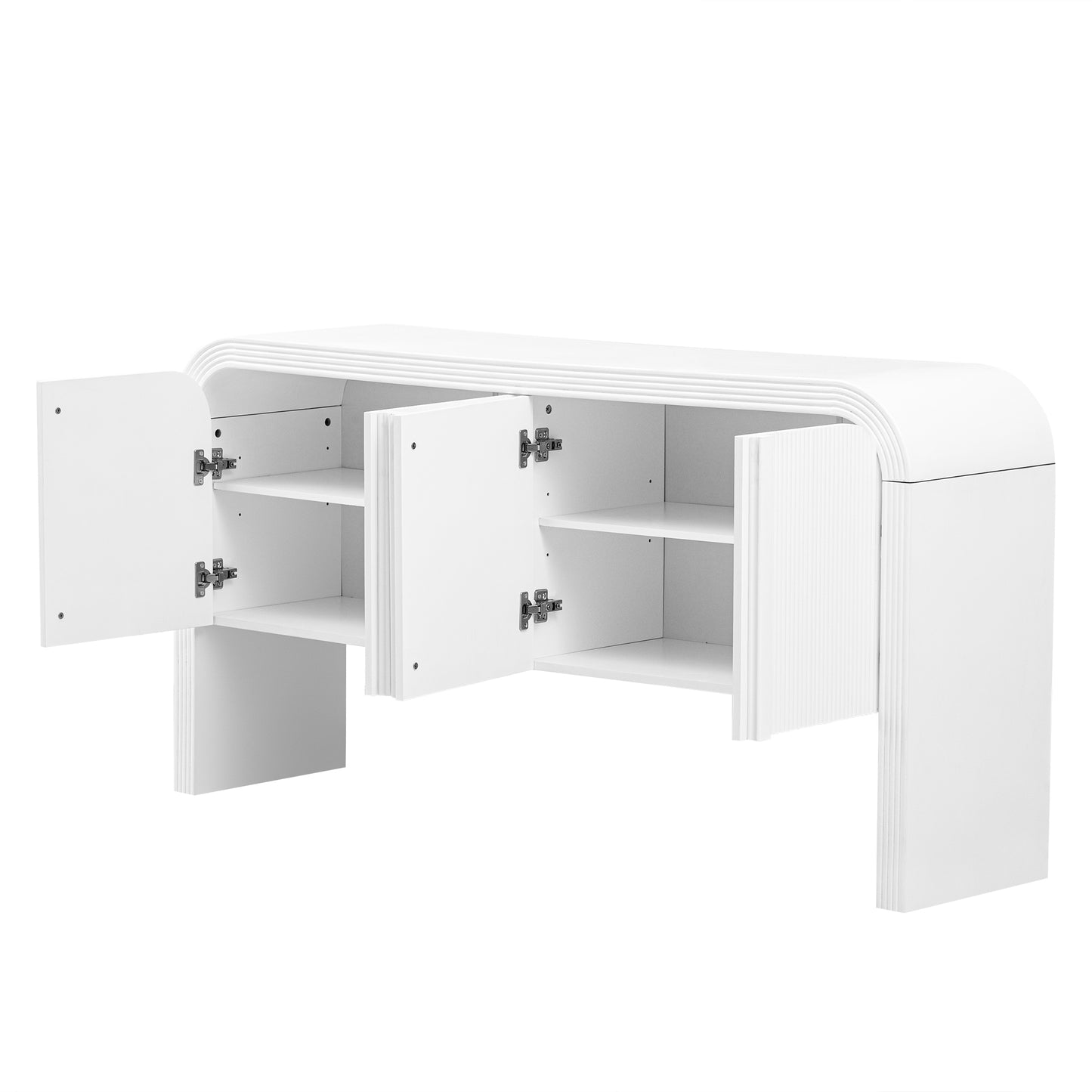 Modern white sideboard with fluted doors and open shelving