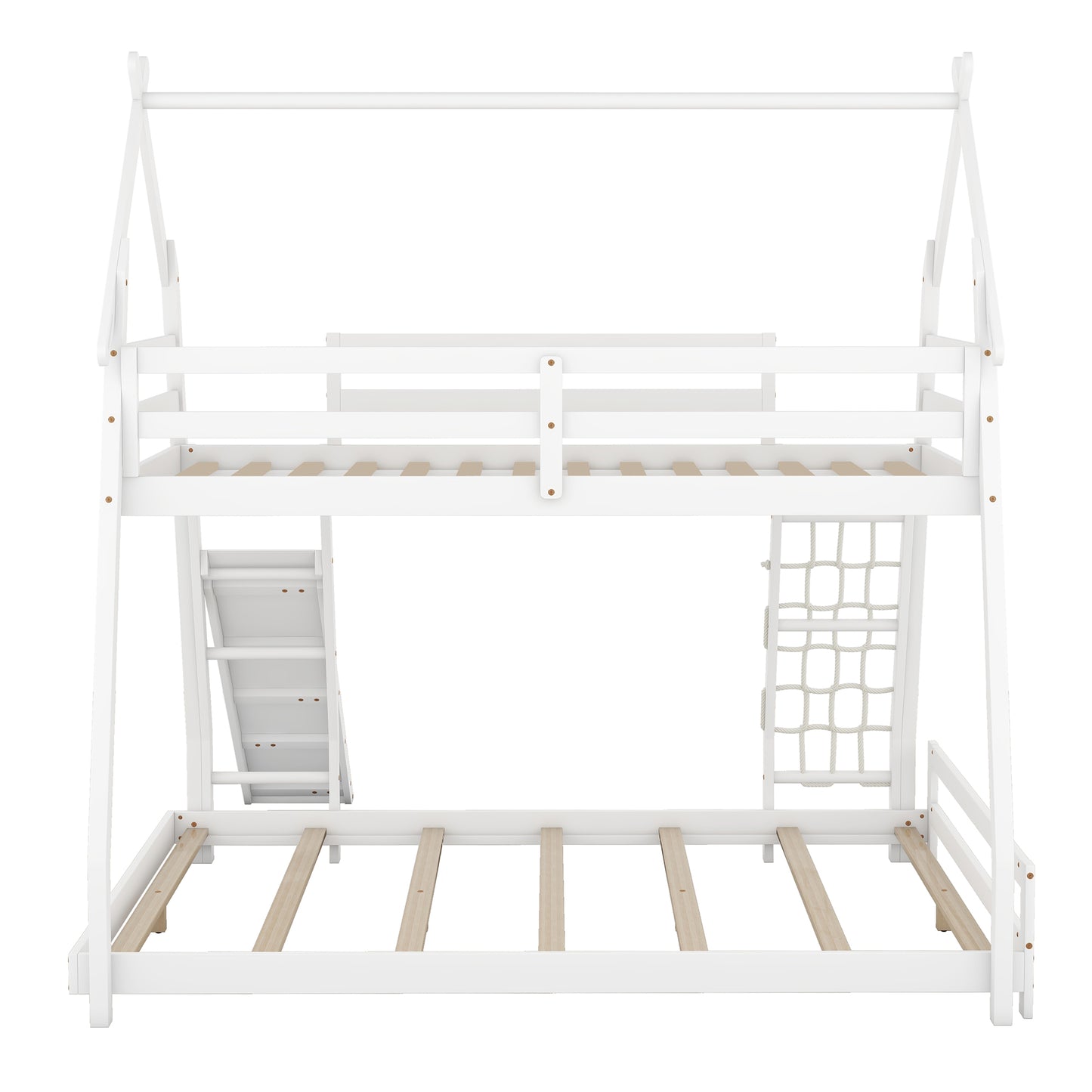 White wooden bunk bed with integrated ladder and climbing net