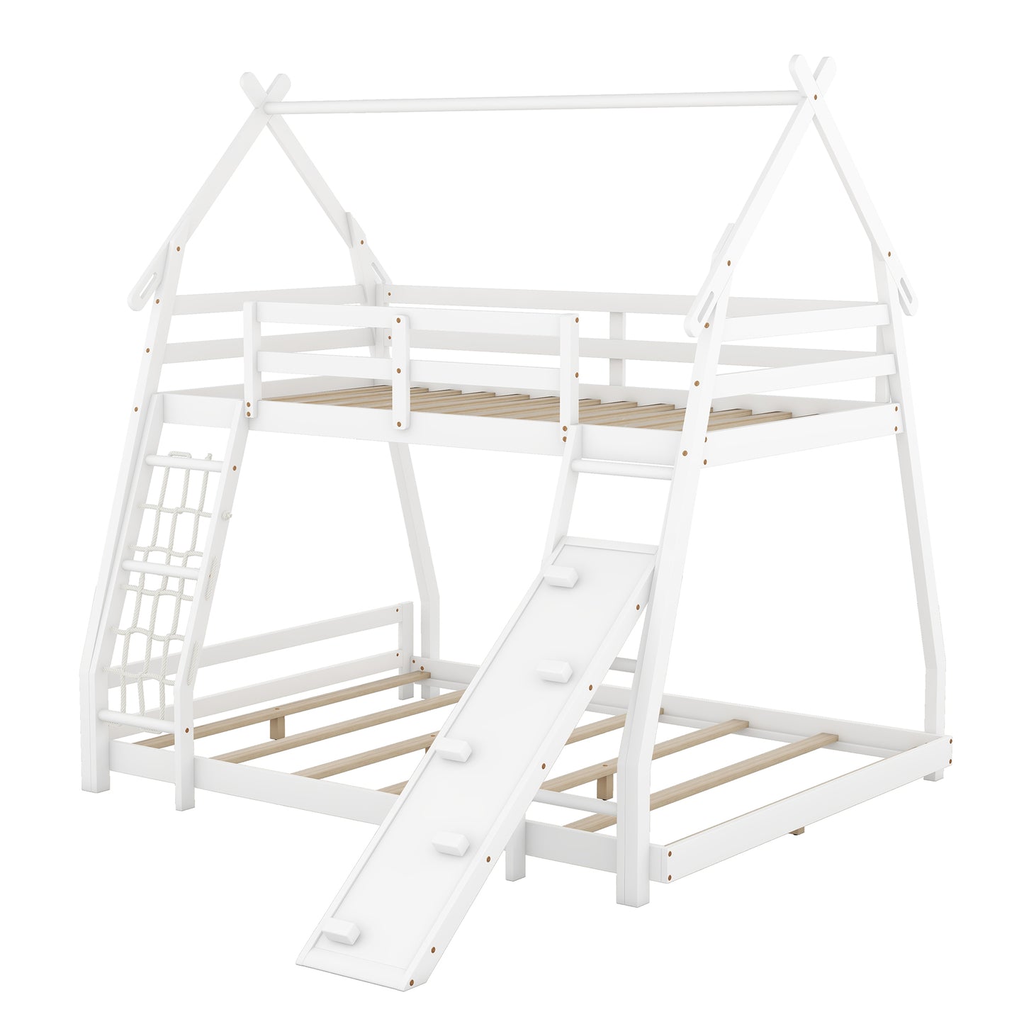 White wooden teepee bunk bed with slide and rope ladder