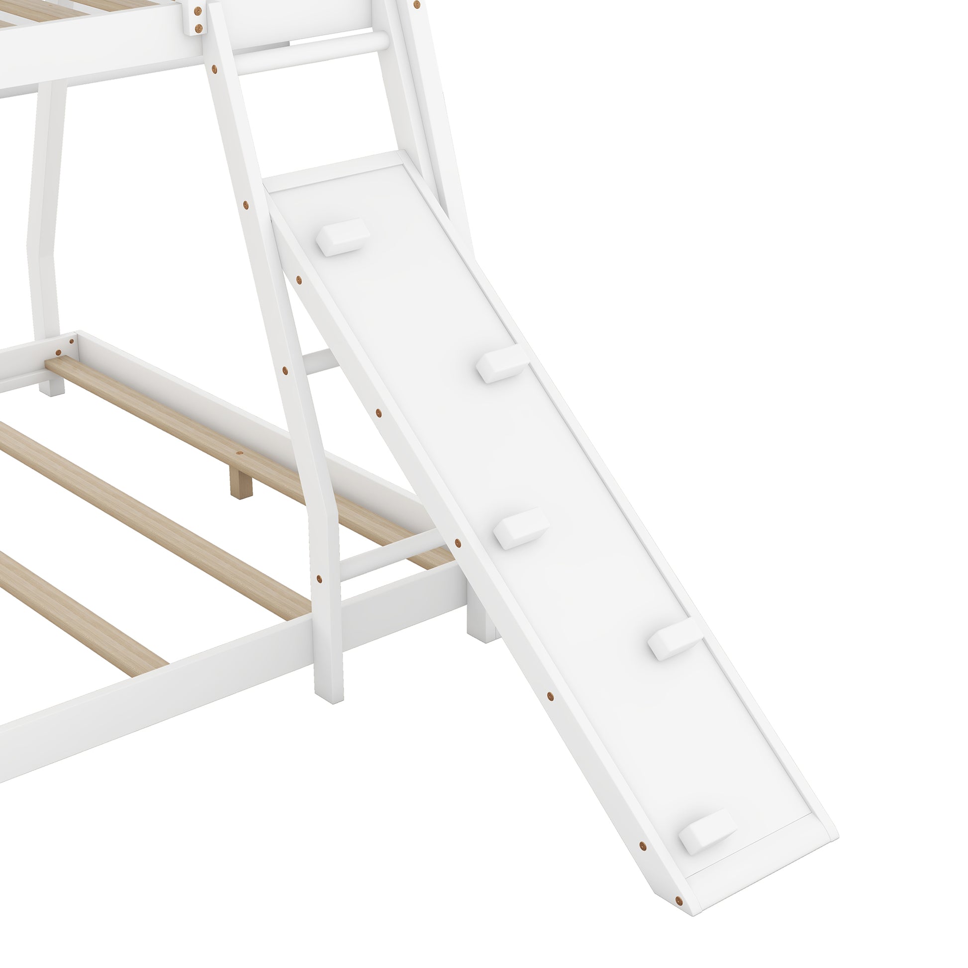 White wooden loft bed ladder with integrated slide and safety steps