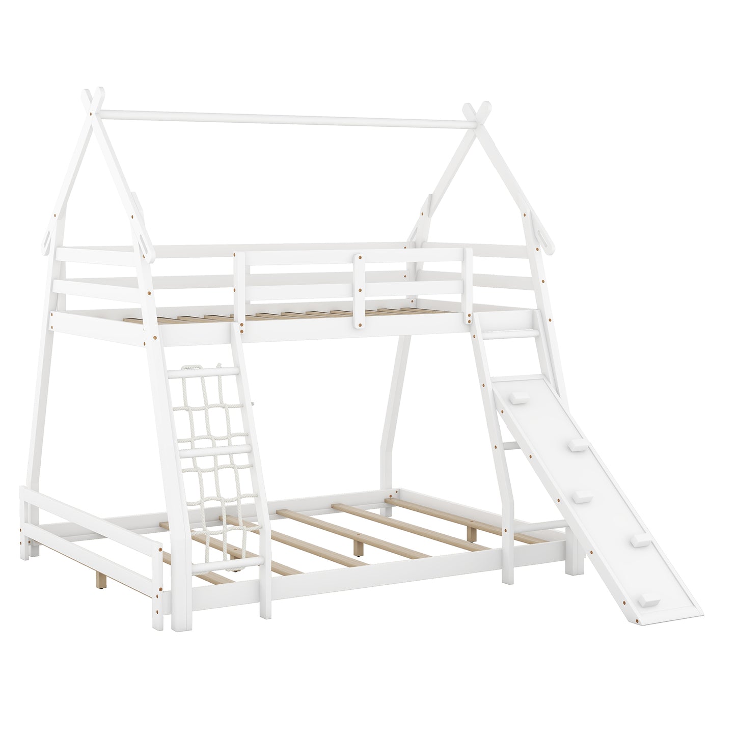 White wooden bunk bed with tent frame slide and climbing net for kids playroom