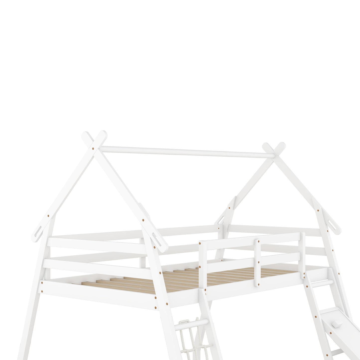 White wooden teepee loft bed with ladder and slide for children