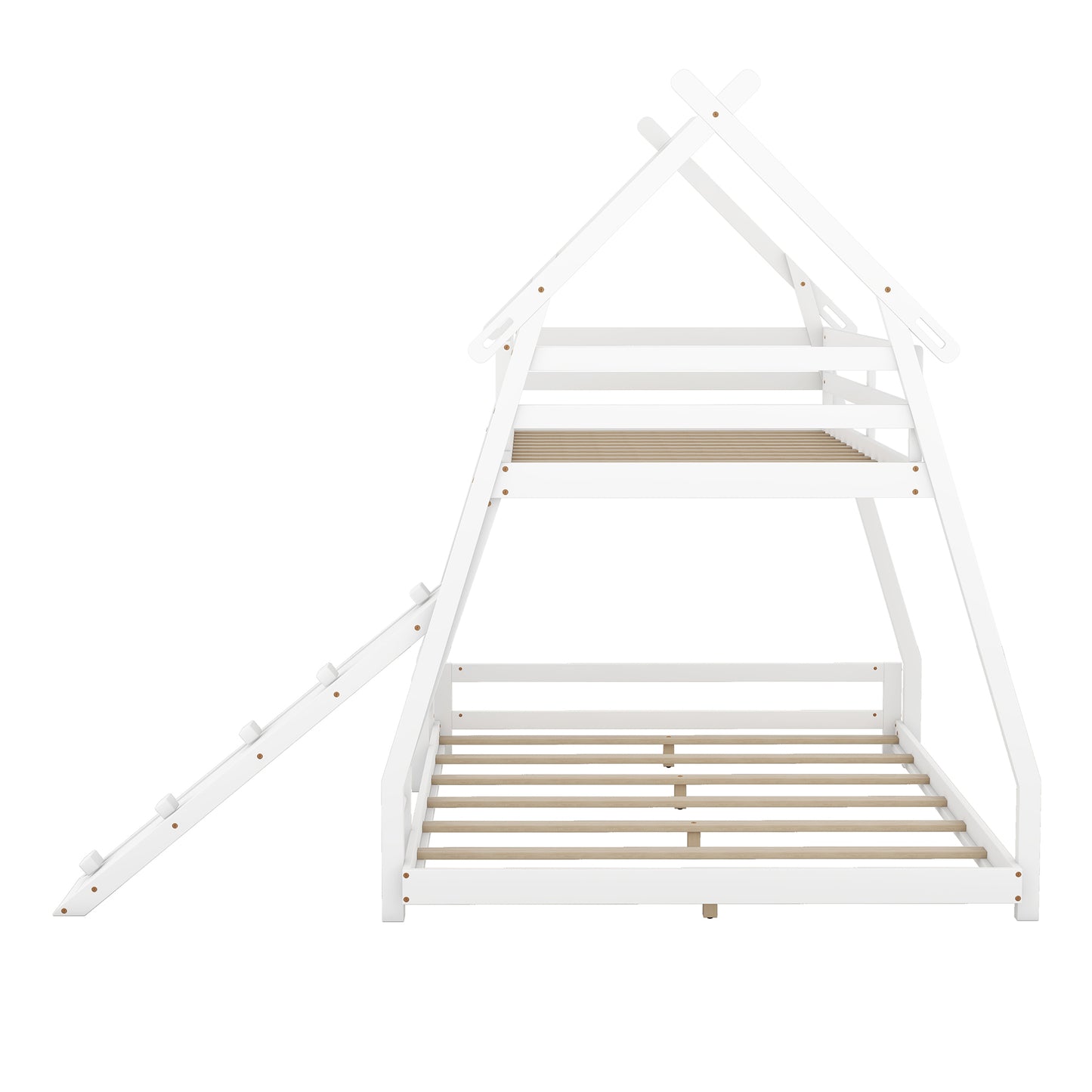 White wooden twin bunk bed frame with integrated ladder and Aframe roof design