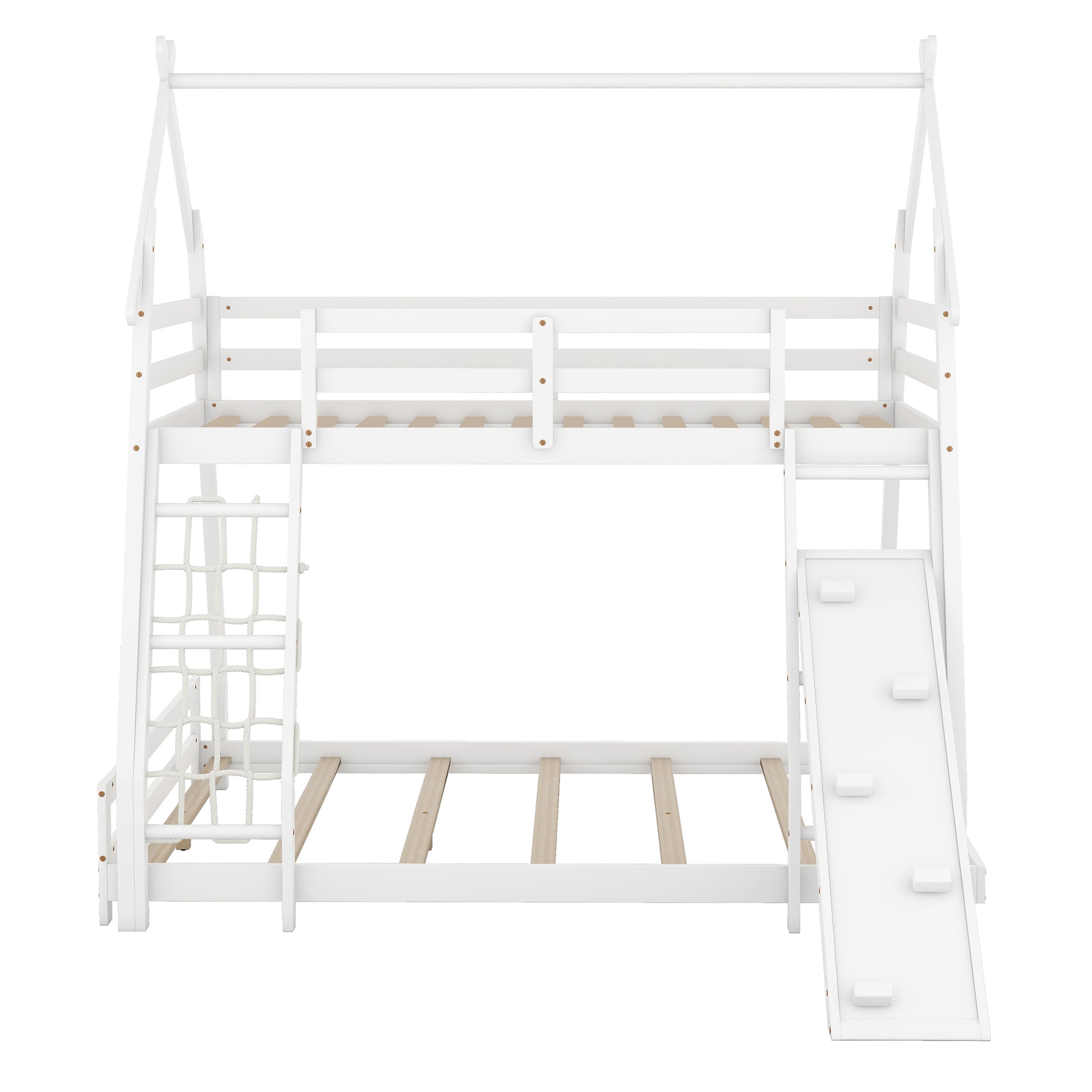 White wooden house bunk bed with slide and climbing net for childrens room