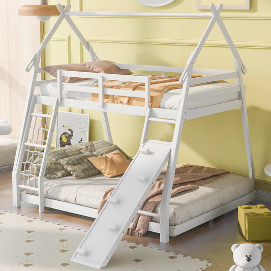 White wooden twin over twin bunk bed with teepee frame and slide