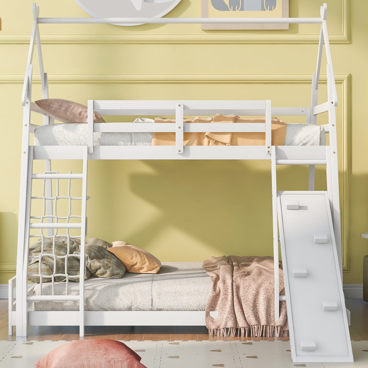 White wooden bunk bed with slide and rope ladder