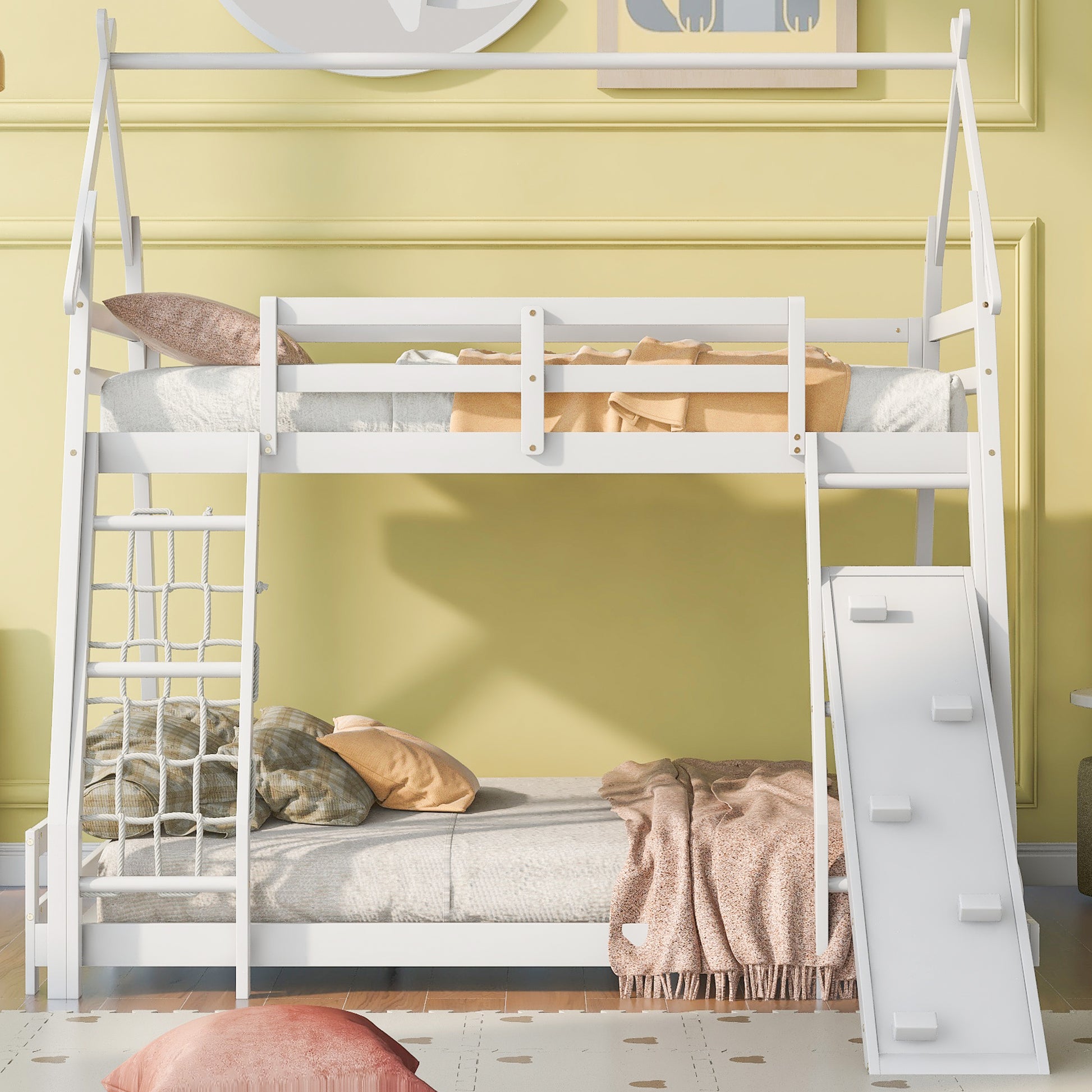 White wooden bunk bed with slide and rope ladder
