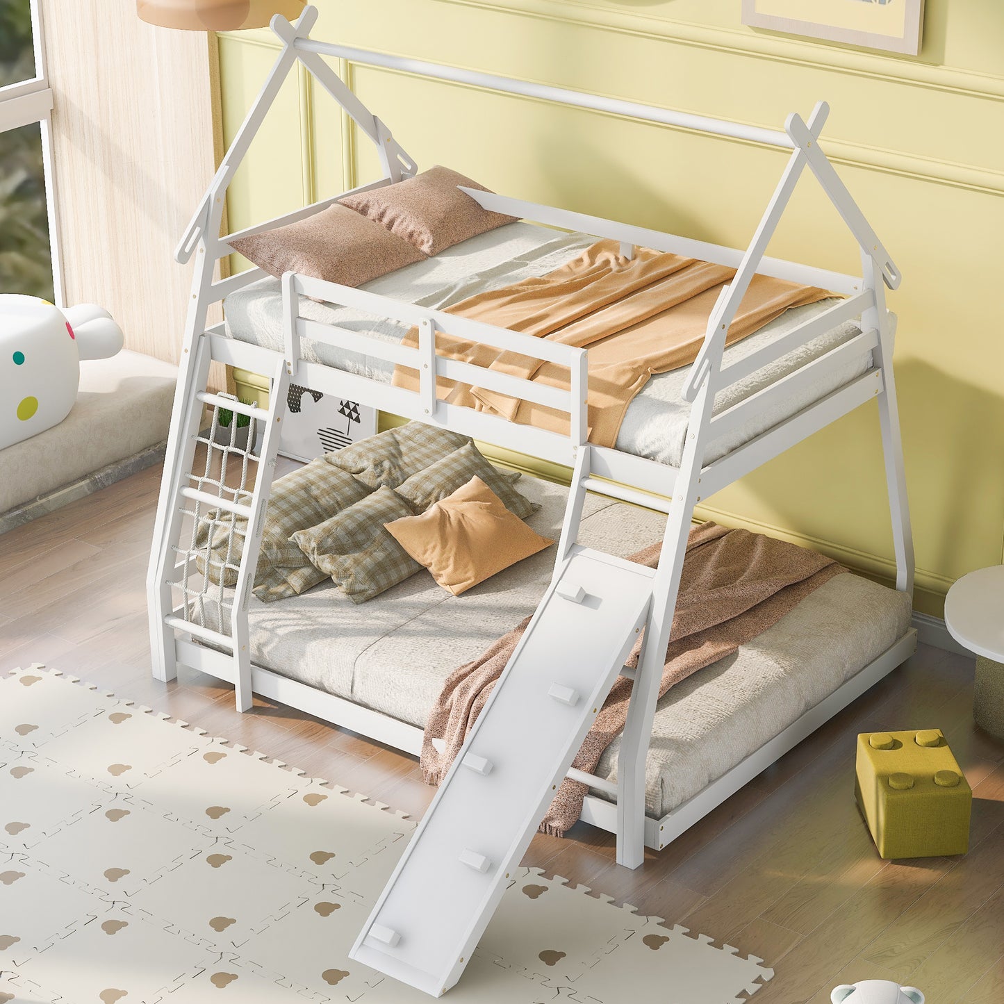 White wooden house bunk bed with slide and ladder featuring two twin beds
