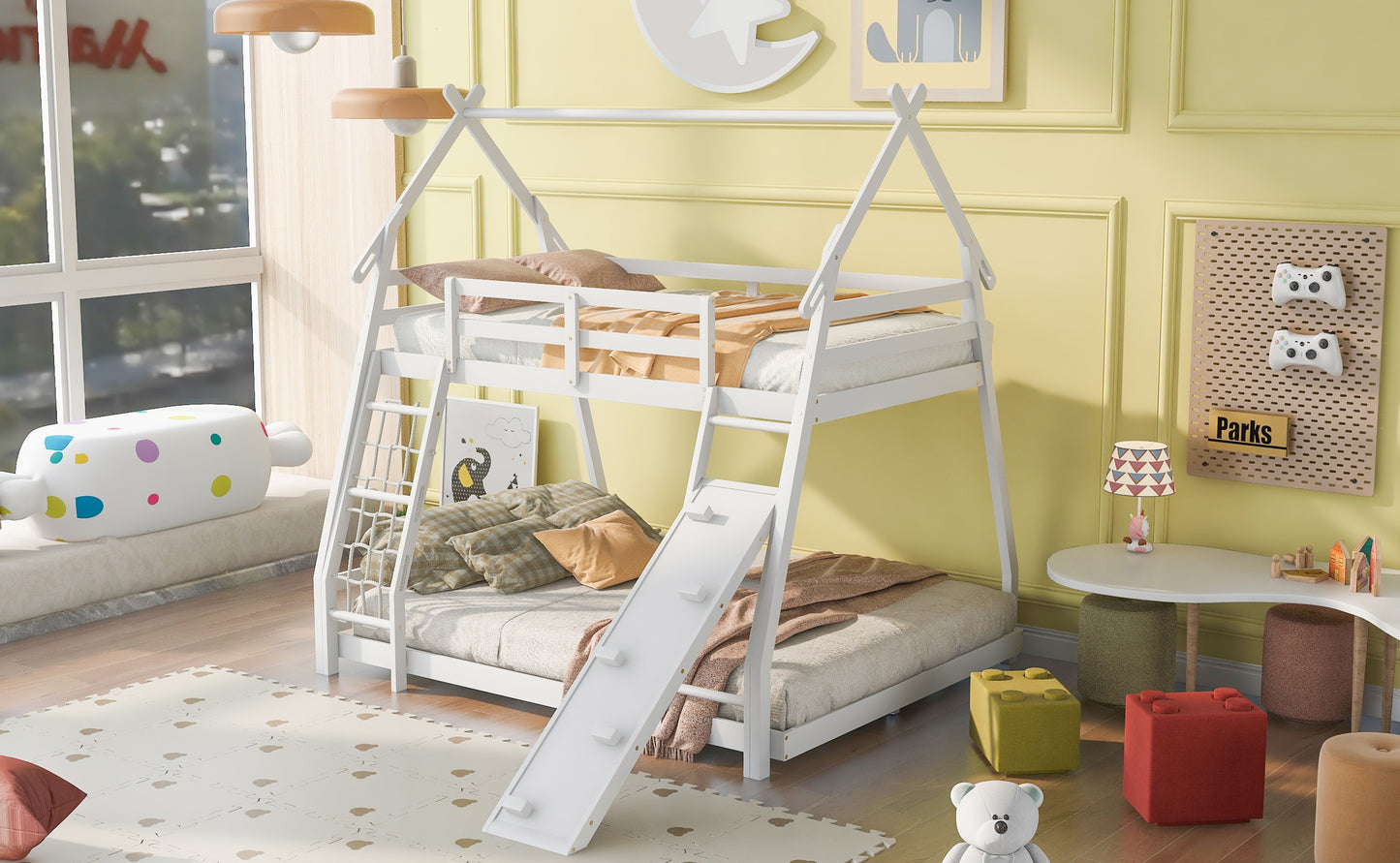 White wooden teepee bunk bed with slide and rope ladder