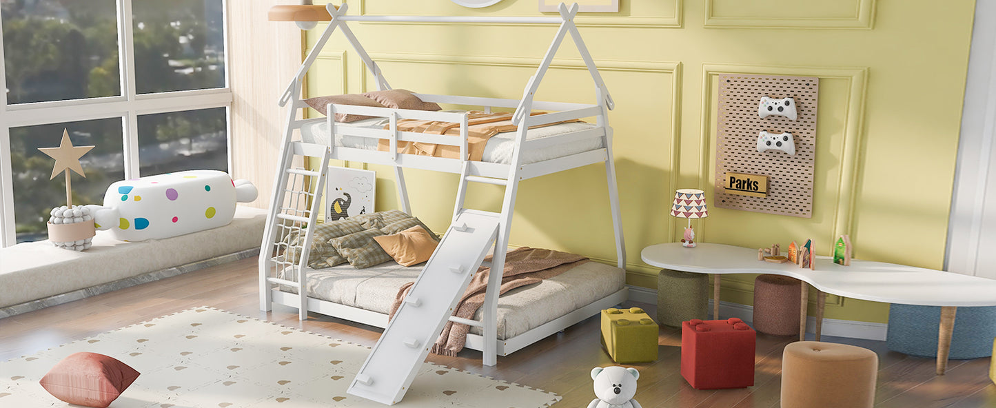 White wooden teepee bunk bed with slide and ladder