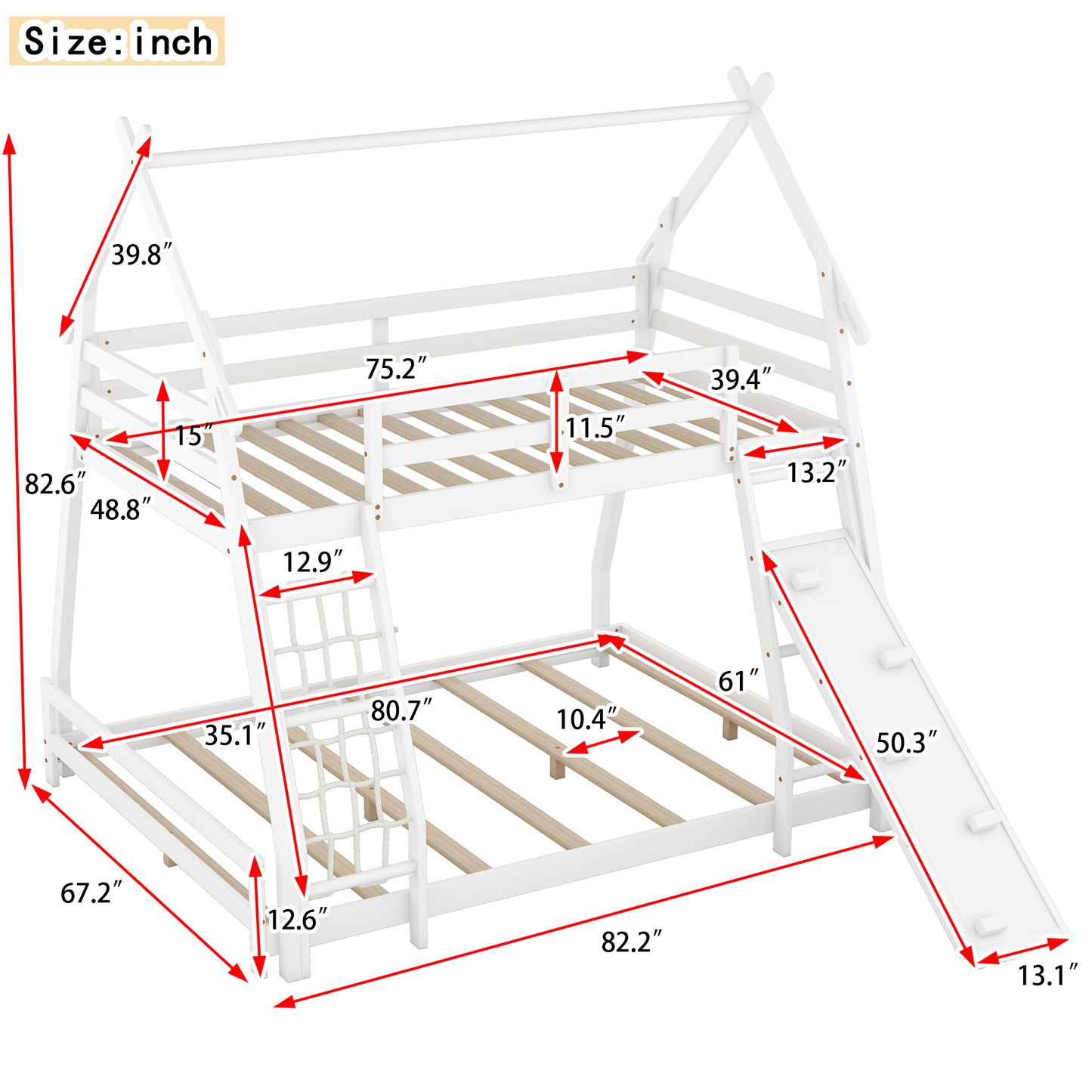 White wooden twin over twin bunk bed with slide and rope ladder