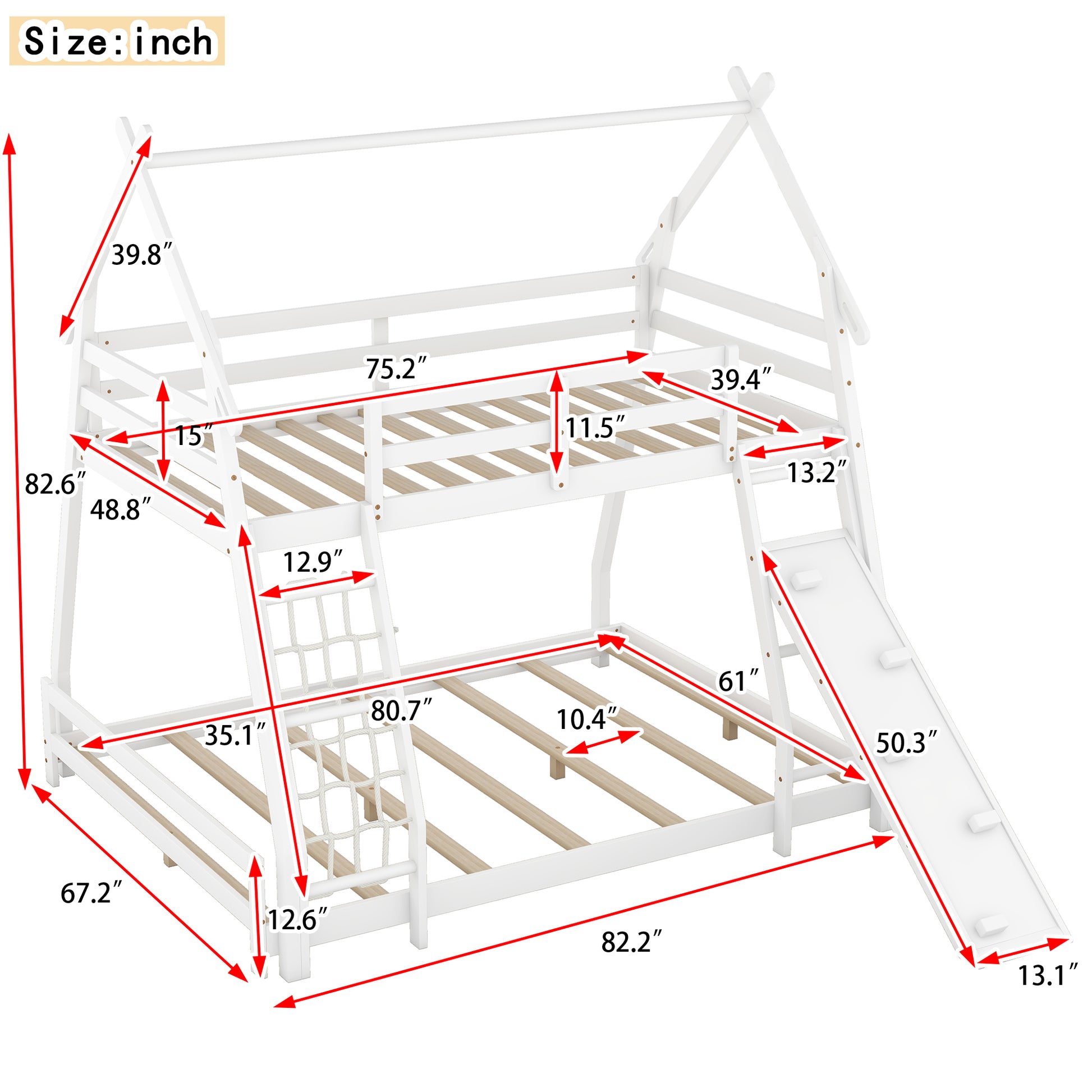 White wooden twin over twin bunk bed with slide and rope ladder