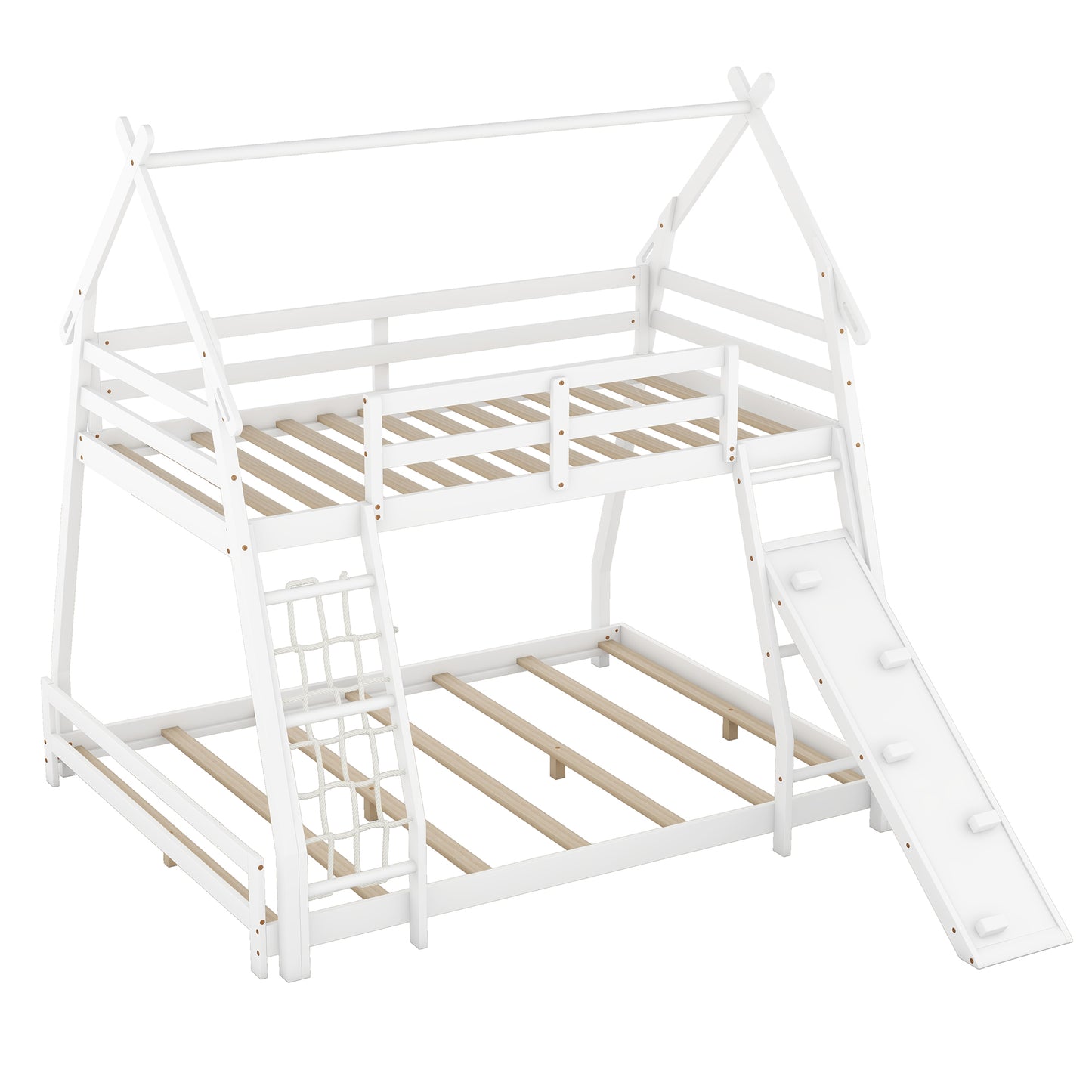 White wooden teepee bunk bed with slide and rope ladder for kids