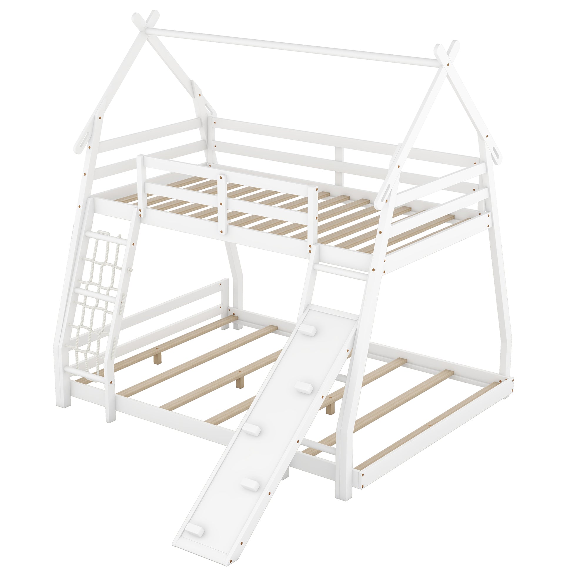 White wooden teepee bunk bed with slide and rope ladder