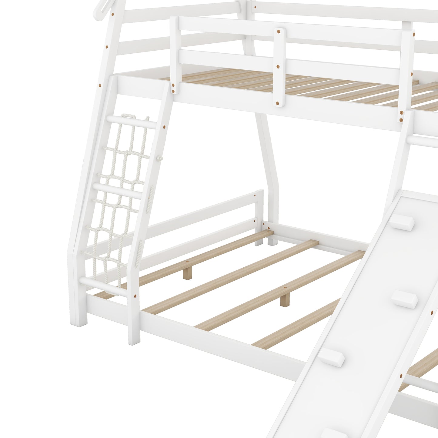White wooden bunk bed with rope ladder and slide