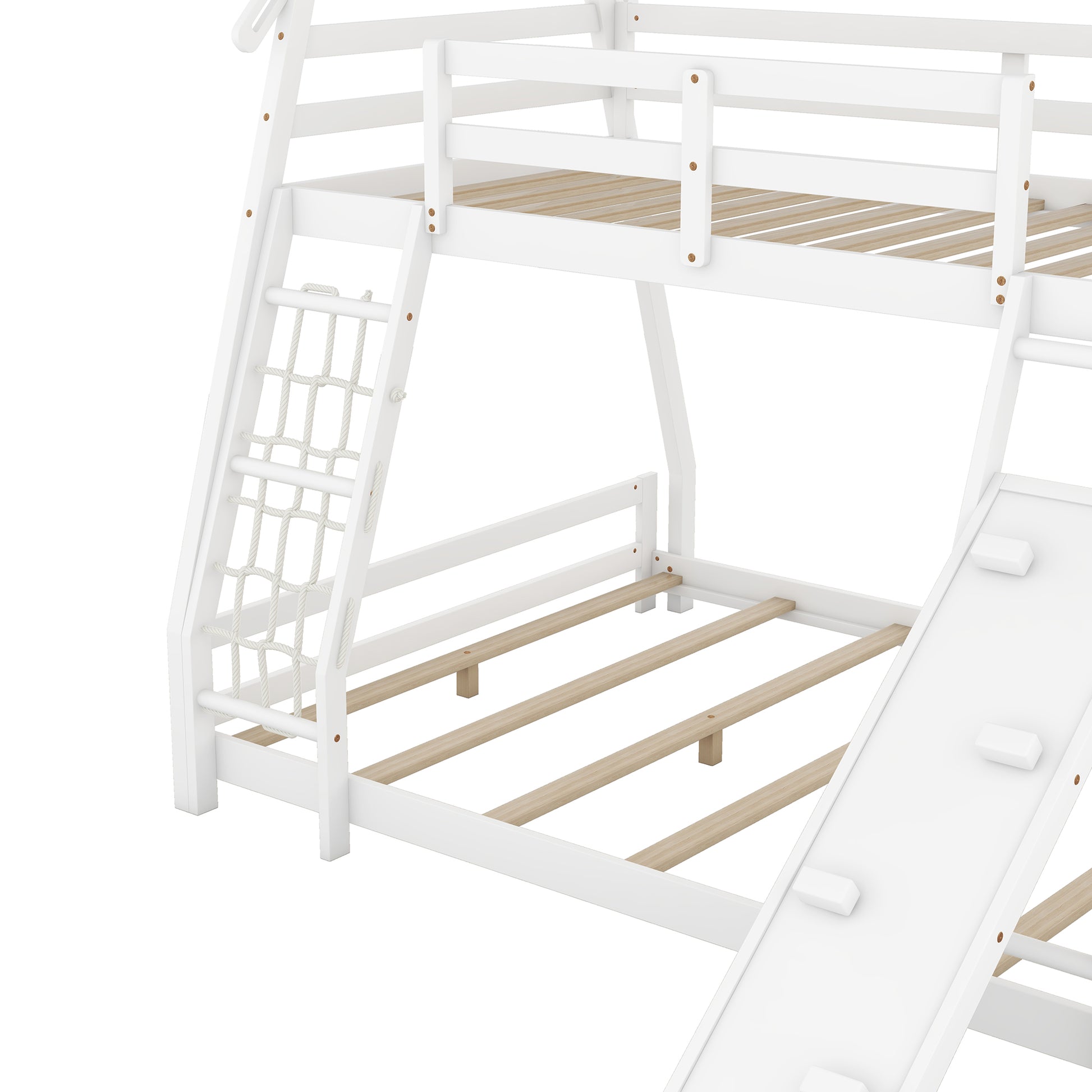 White wooden bunk bed with rope ladder and slide