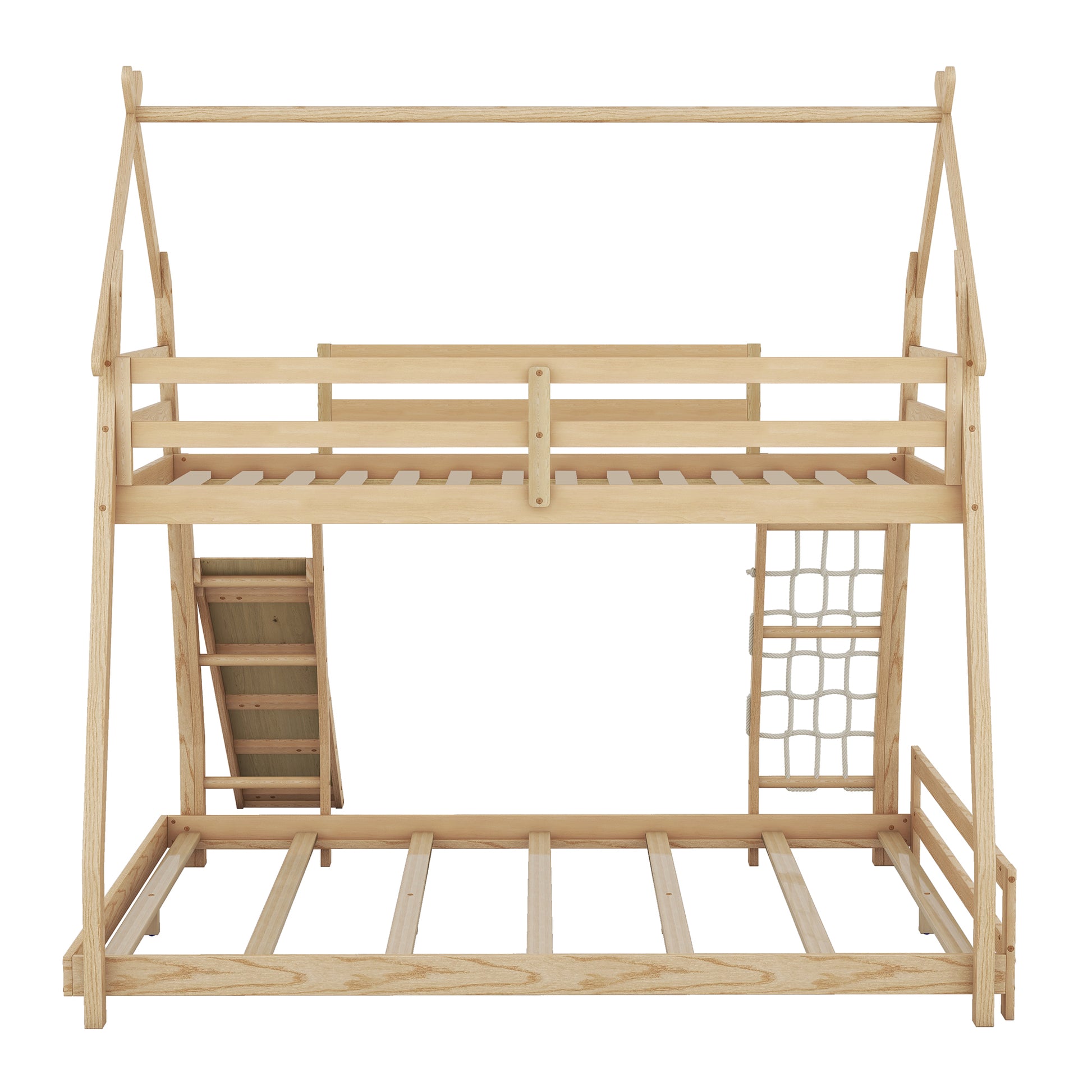 Natural wood twin over twin bunk bed with ladder and climbing net