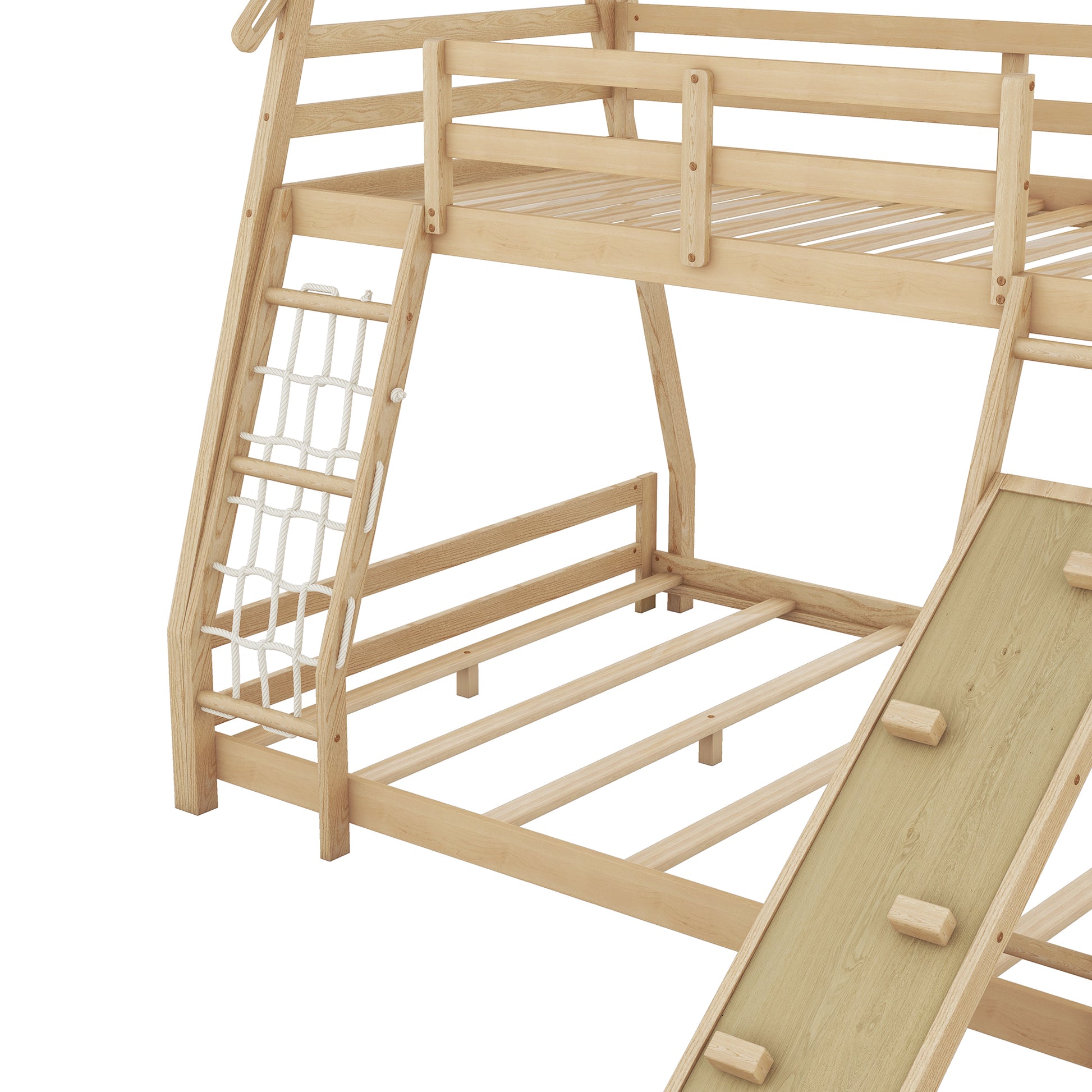 Natural wood bunk bed with rope ladder and slide for kids