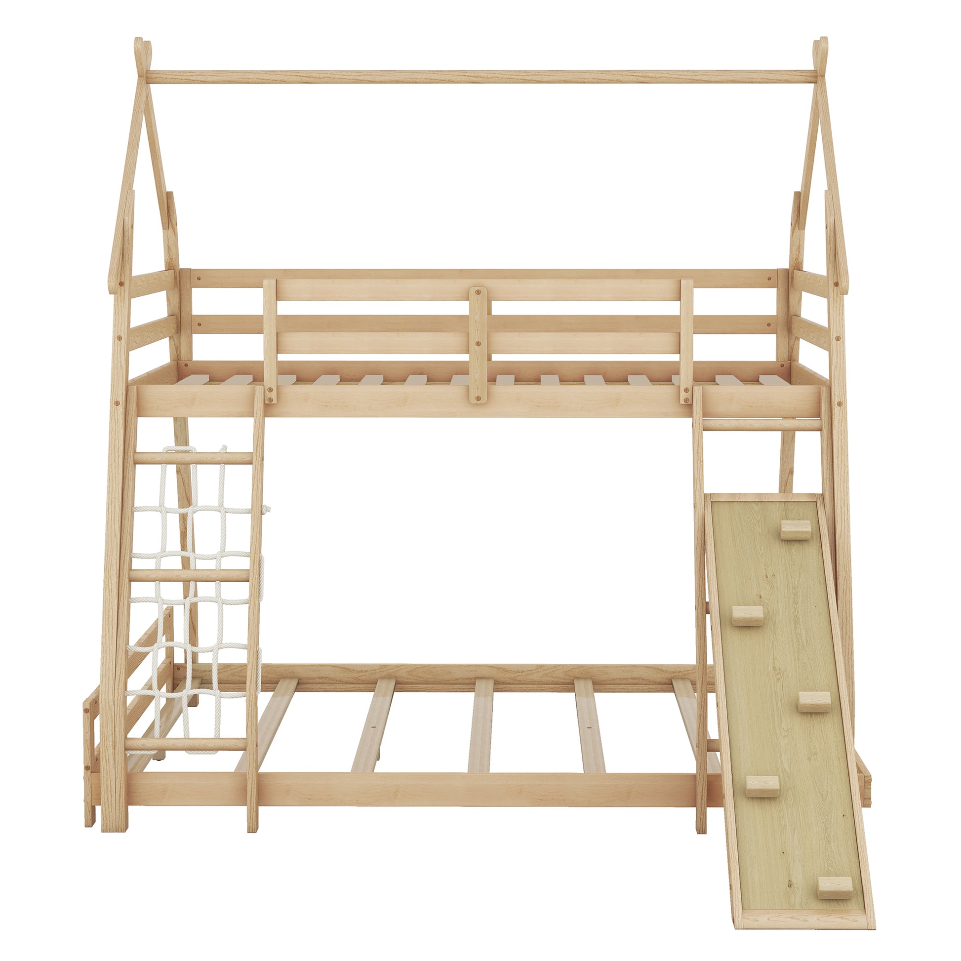 Wooden loft bed with slide and rope ladder
