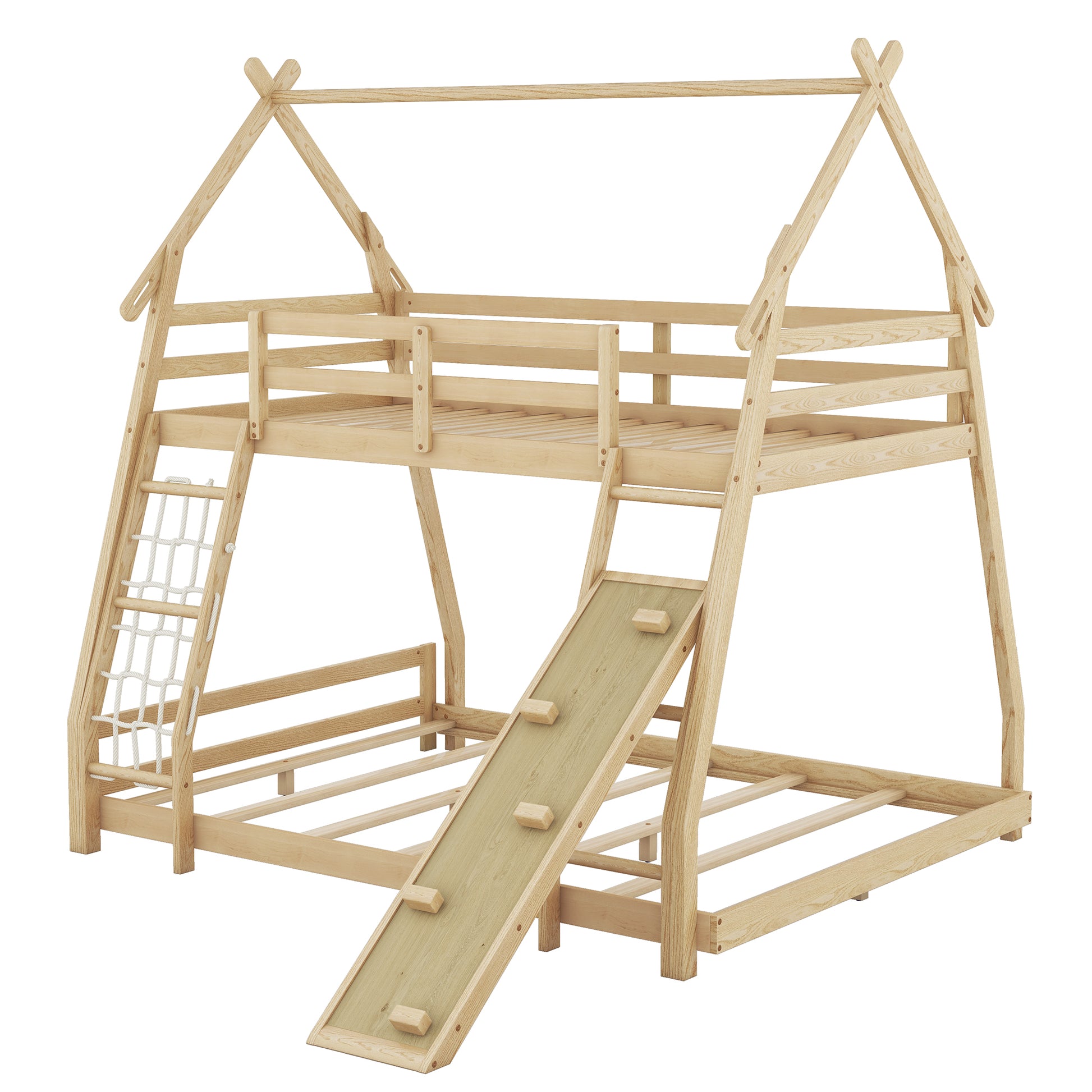 Natural wood twin loft bed with slide and climbing net