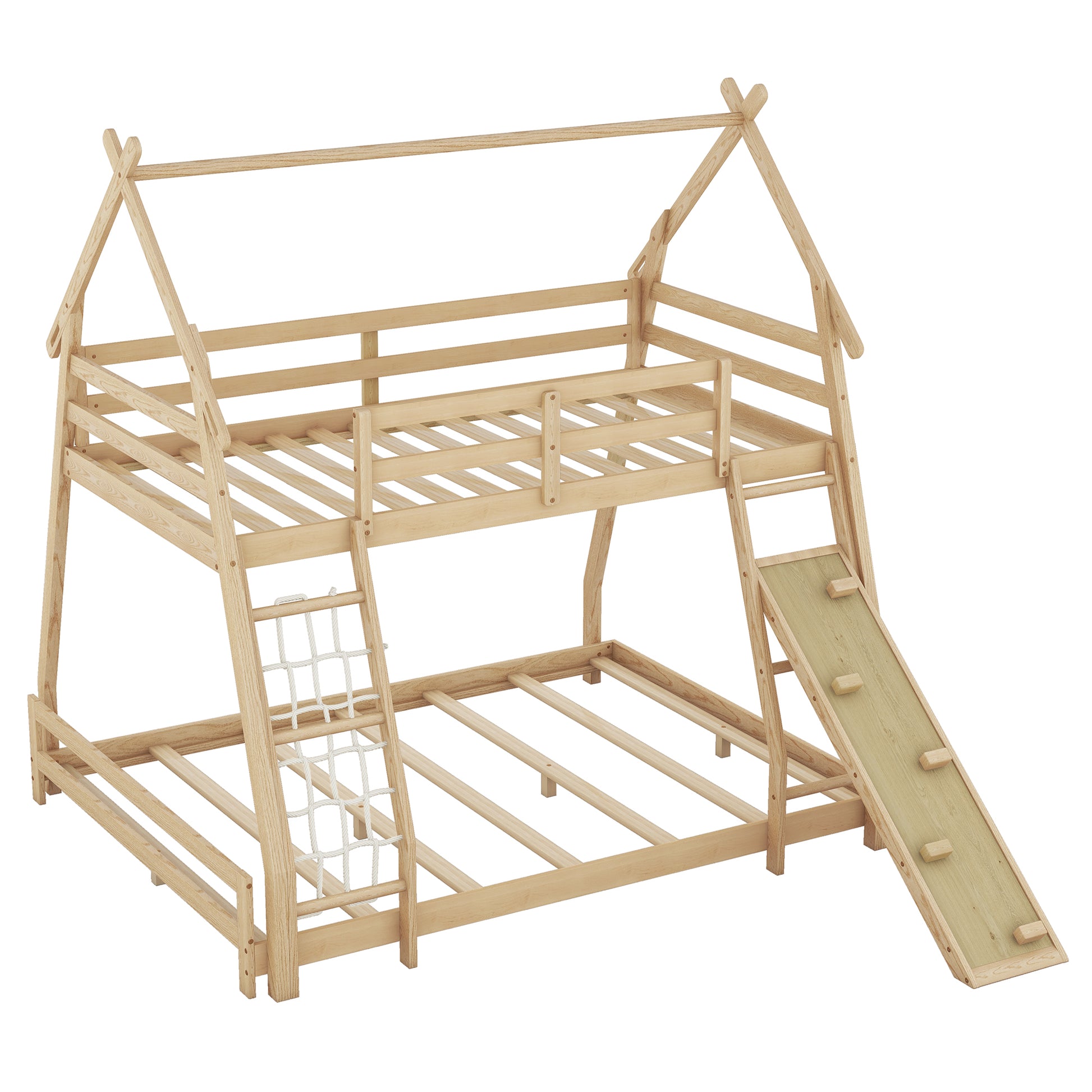 Natural wood twin over twin bunk bed with play slide and rope ladder for kids rooms