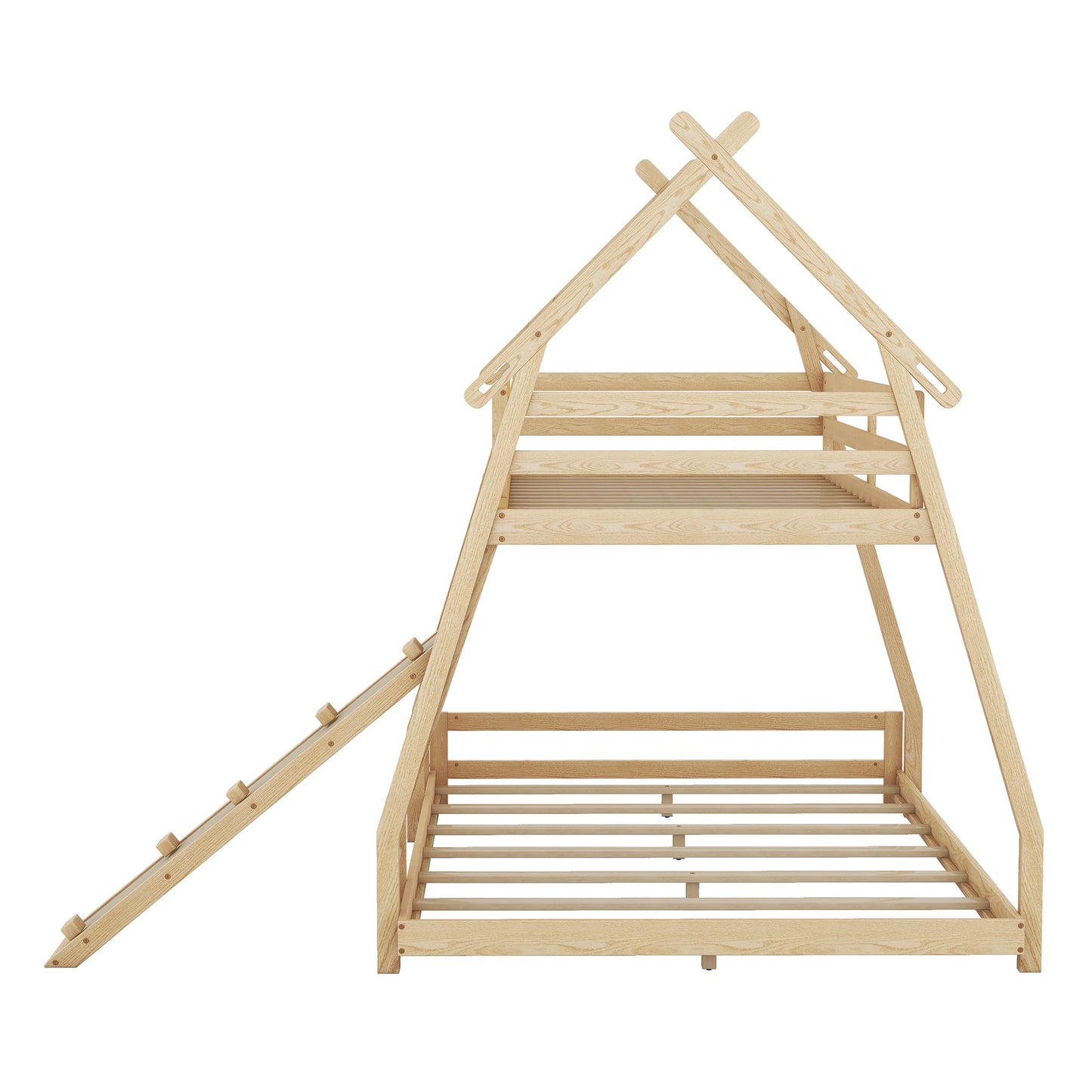 Natural wood toddler bed with tent frame and slide