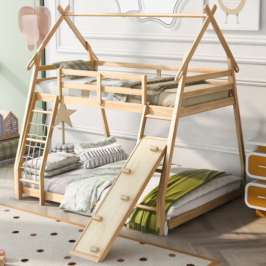 Natural wood twin over twin bunk bed with slide and climbing ladder