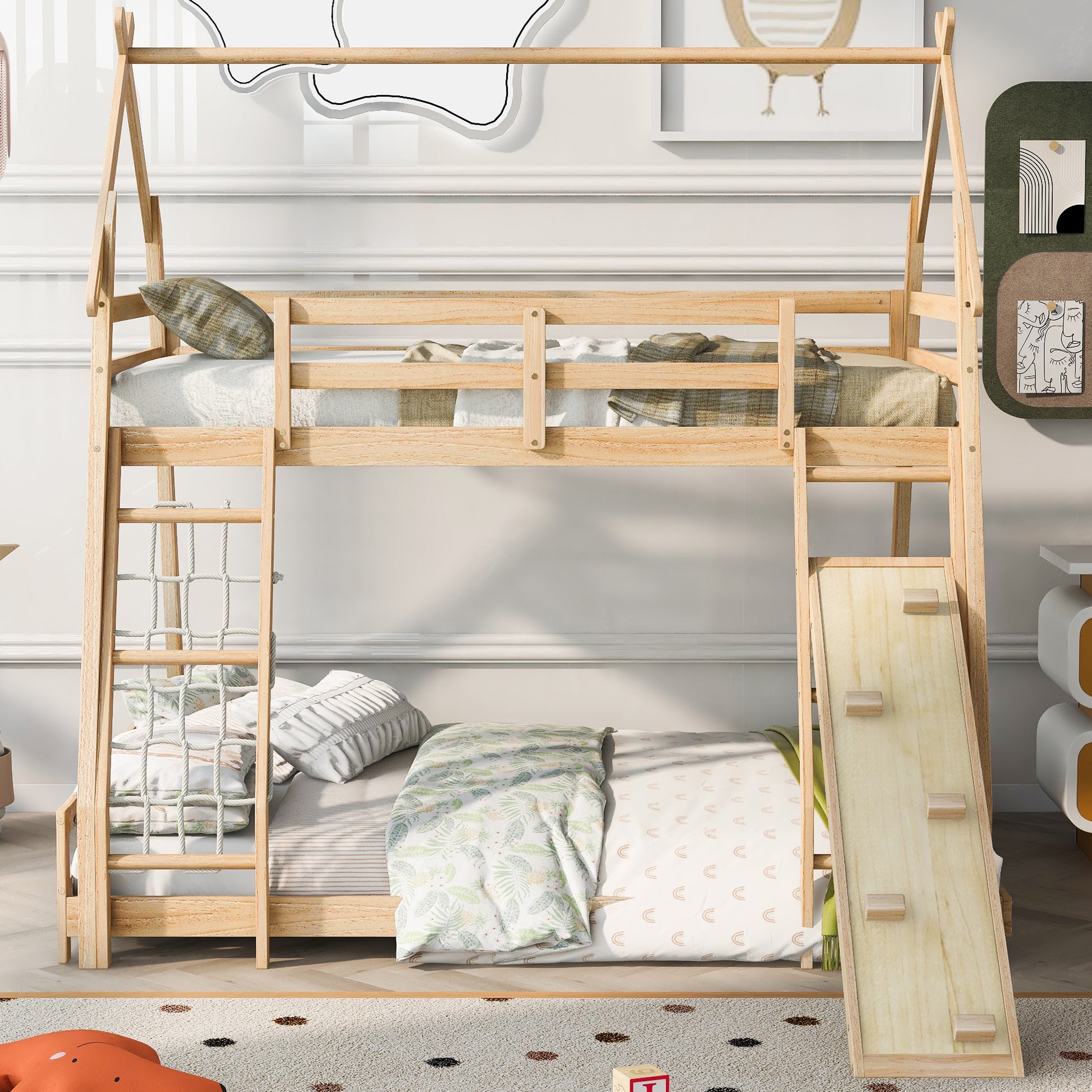 Natural wood twin over twin bunk bed with climbing wall and rope ladder