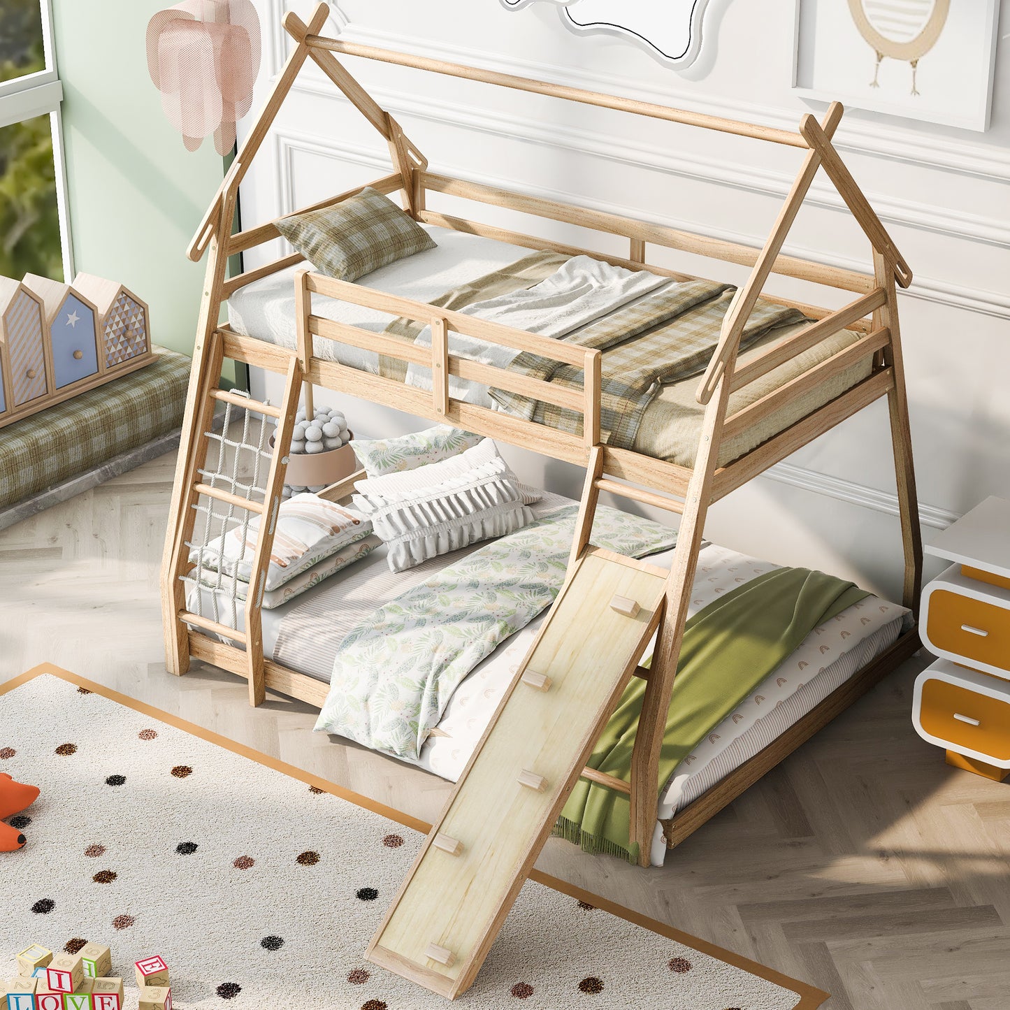 Wooden house bunk bed with ladder and slide for childrens room