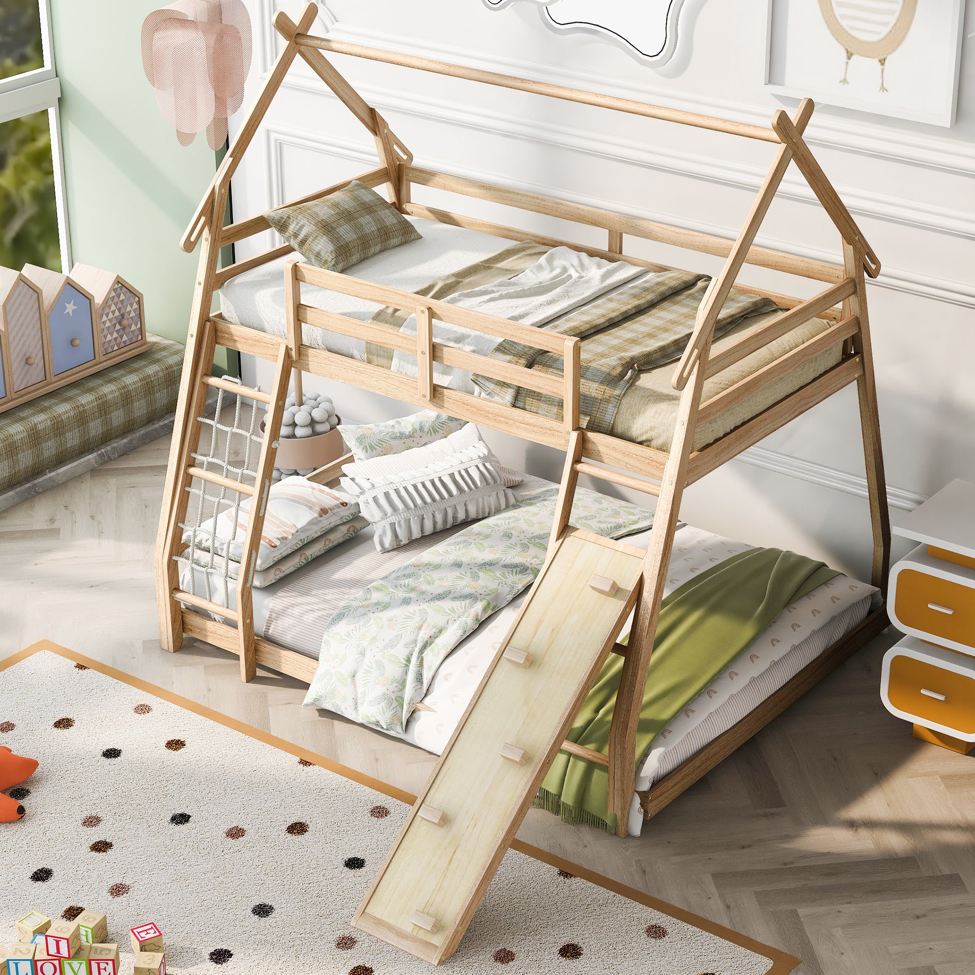 Wooden house bunk bed with ladder and slide for childrens room