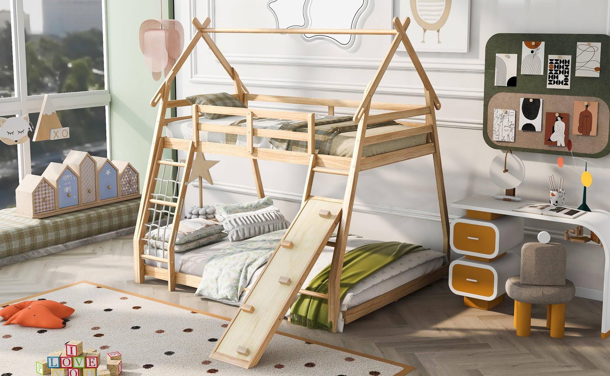 Natural wood twin over twin bunk bed with slide and tent frame