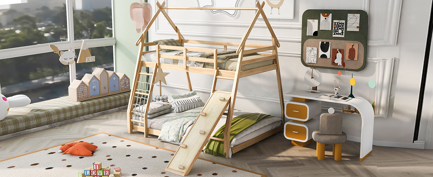 Wooden bunk bed with slide and ladder perfect for kids bedrooms