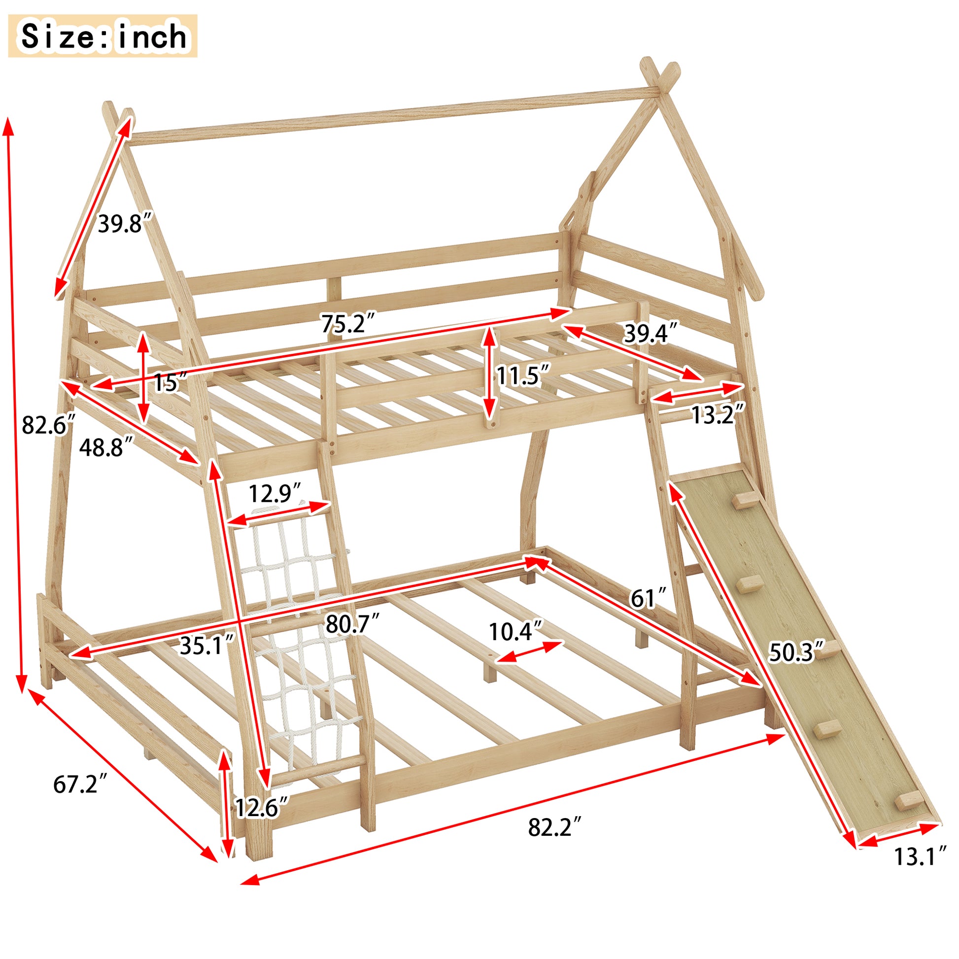 Natural wood twin over twin bunk bed with ladder and slide