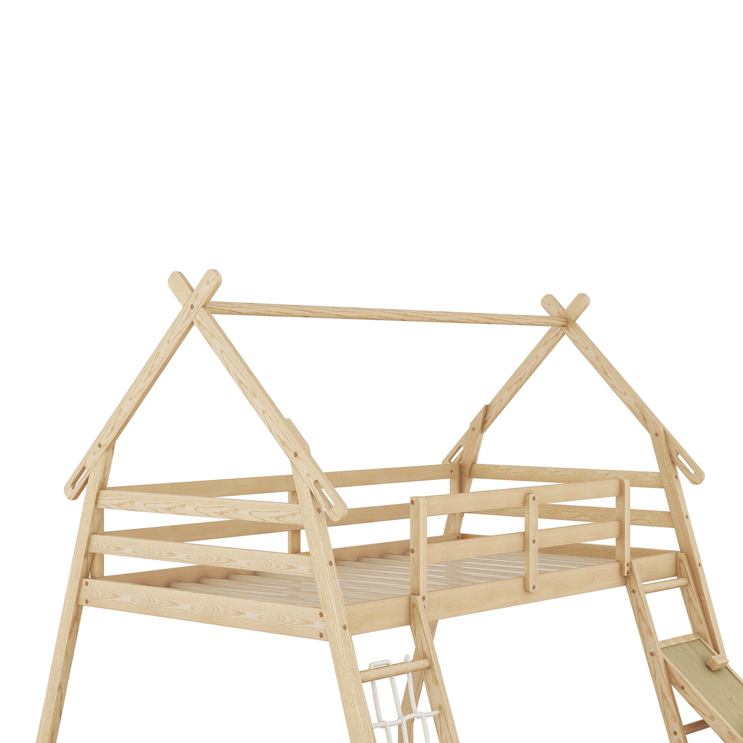 Natural wood teepee loft bed with slide and ladder
